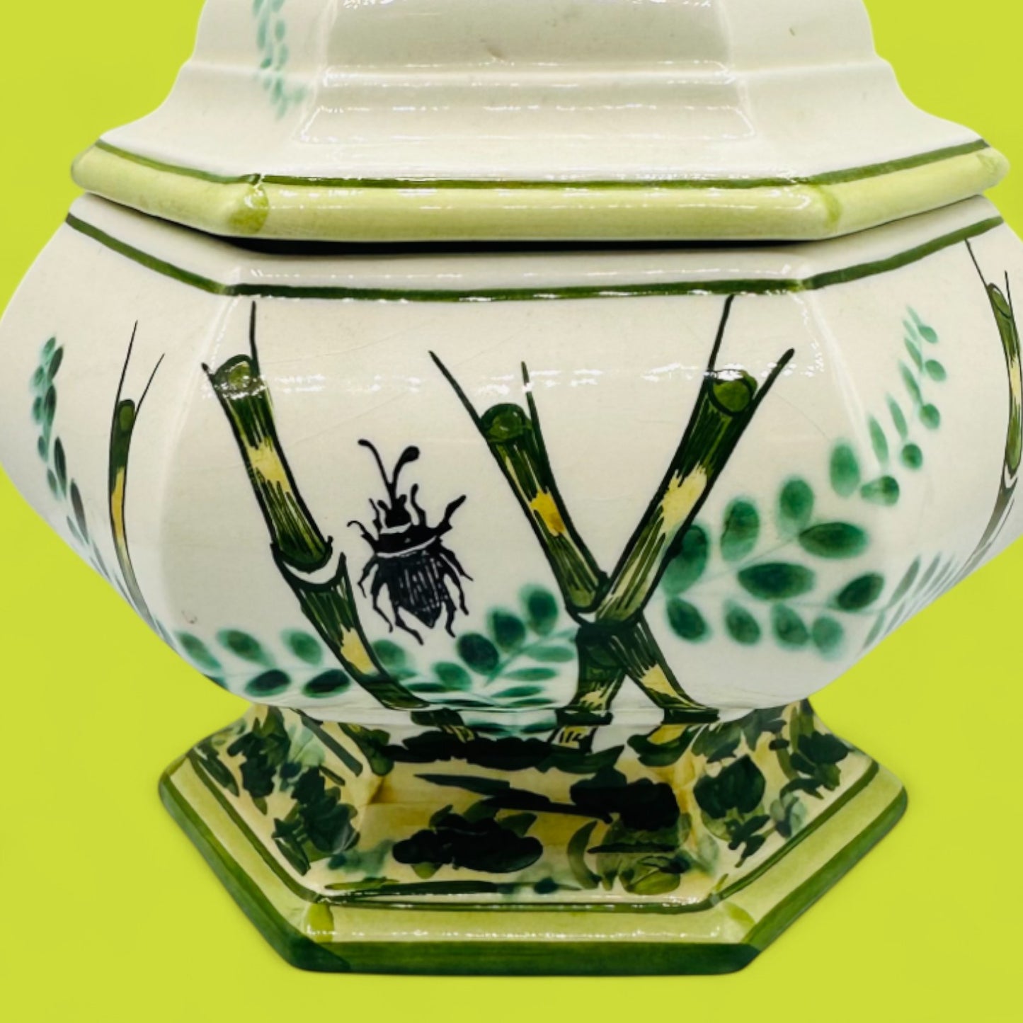 Italian Ceramic Tureen with Bamboo & Beetle Motif V. Bassano 1920's
