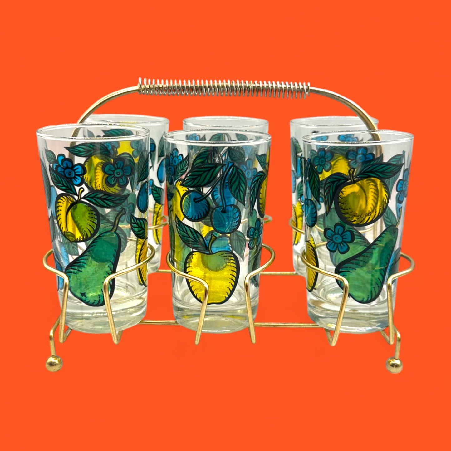 Duralex Juice Glasses w/ Coloured Fruit Print in Gold Wired Carrier