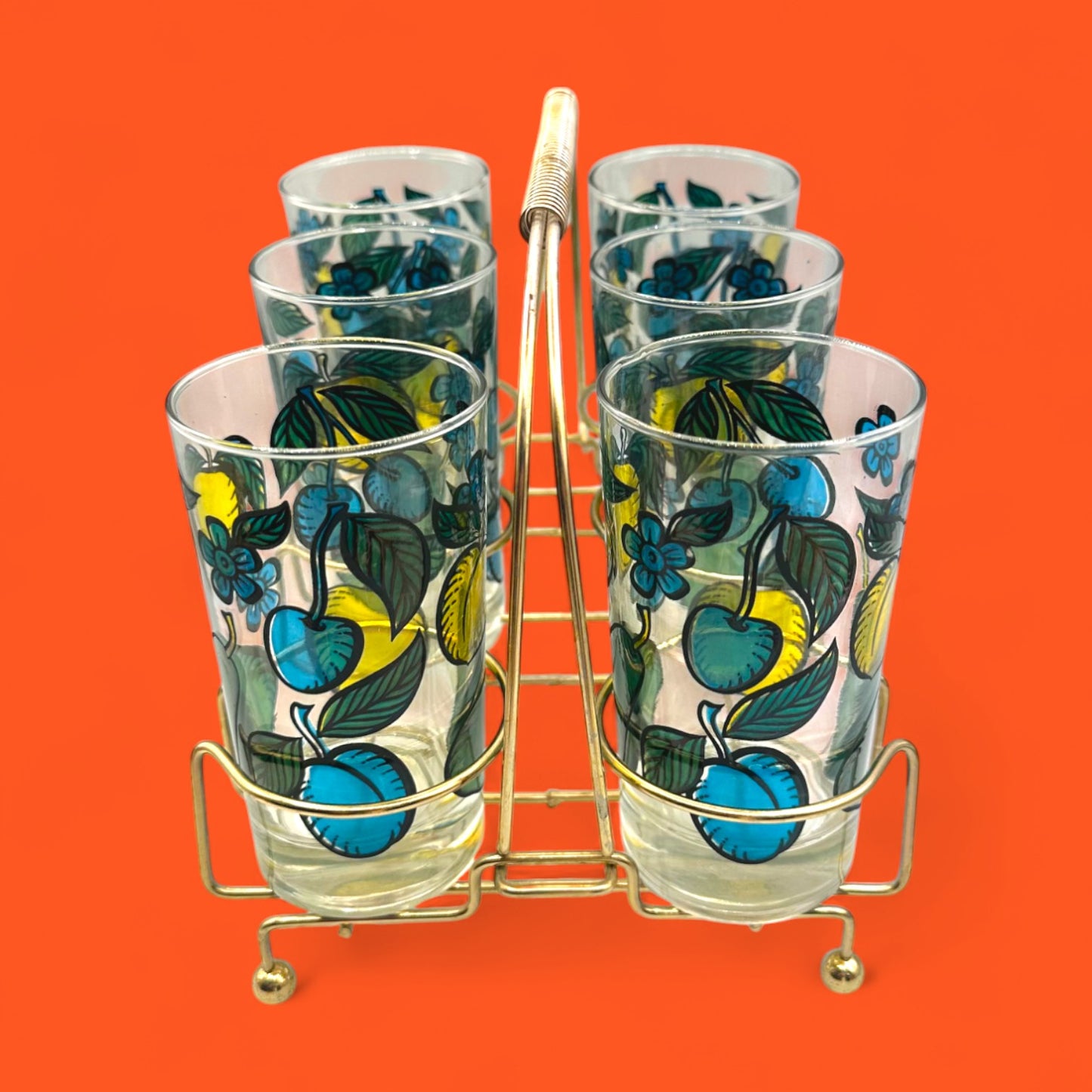 Duralex Juice Glasses w/ Coloured Fruit Print in Gold Wired Carrier