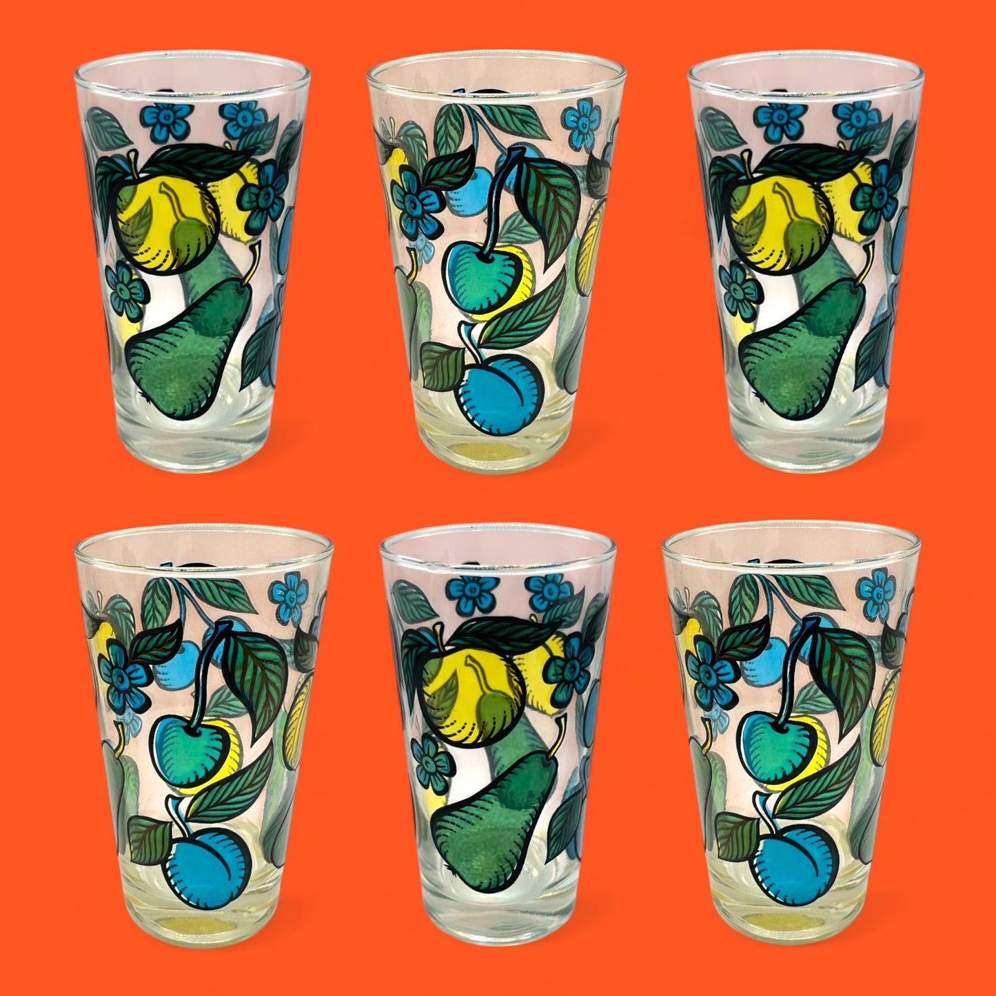 Duralex Juice Glasses w/ Coloured Fruit Print in Gold Wired Carrier