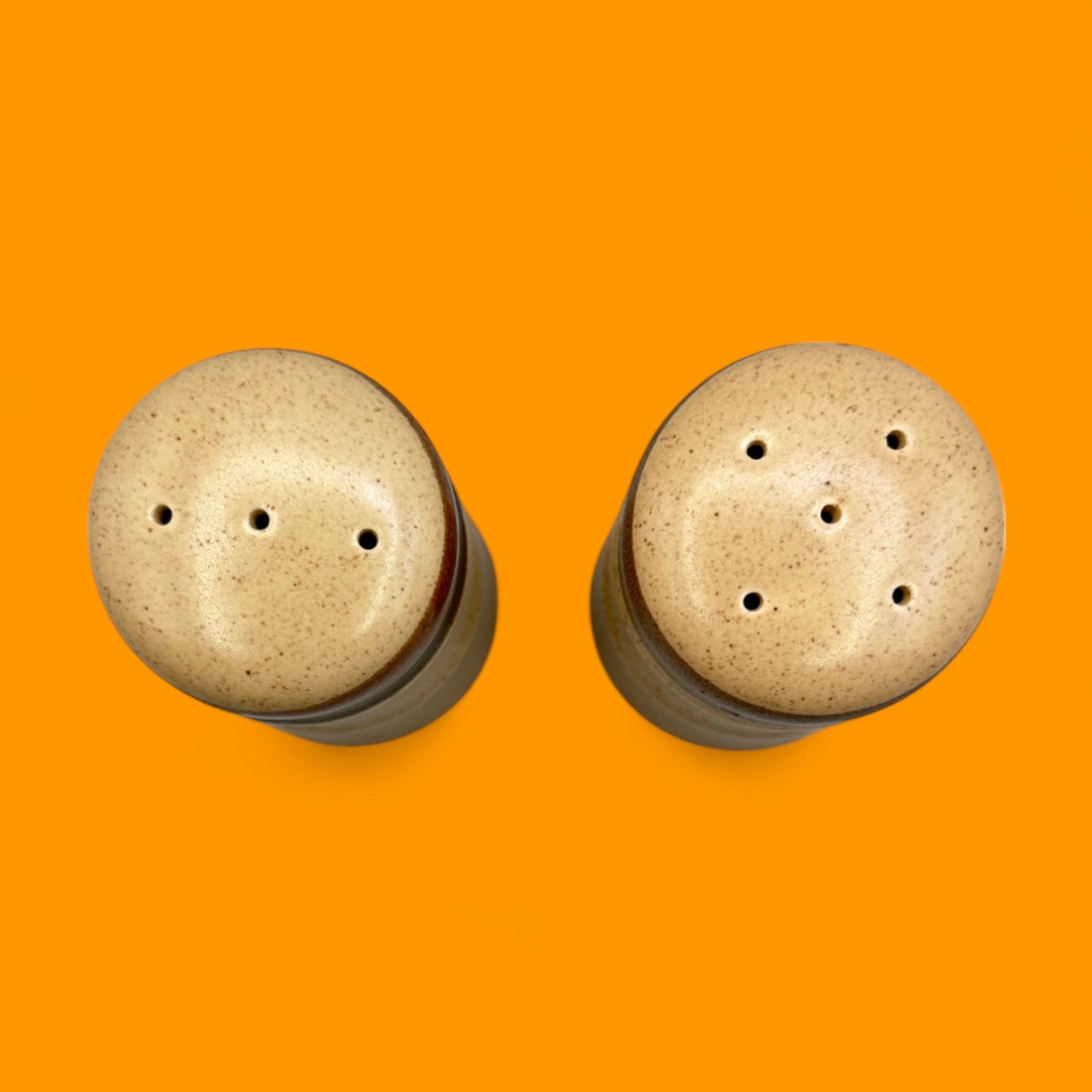 Vintage 1970s ceramic salt and pepper shakers with retro glaze