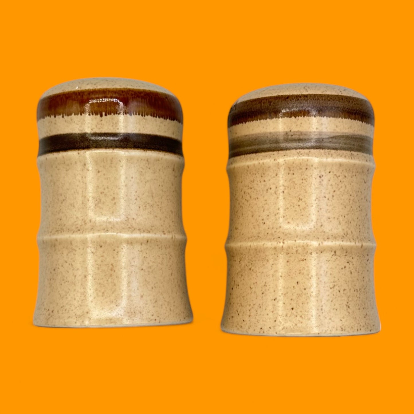 Vintage 1970s ceramic salt and pepper shakers with retro glaze