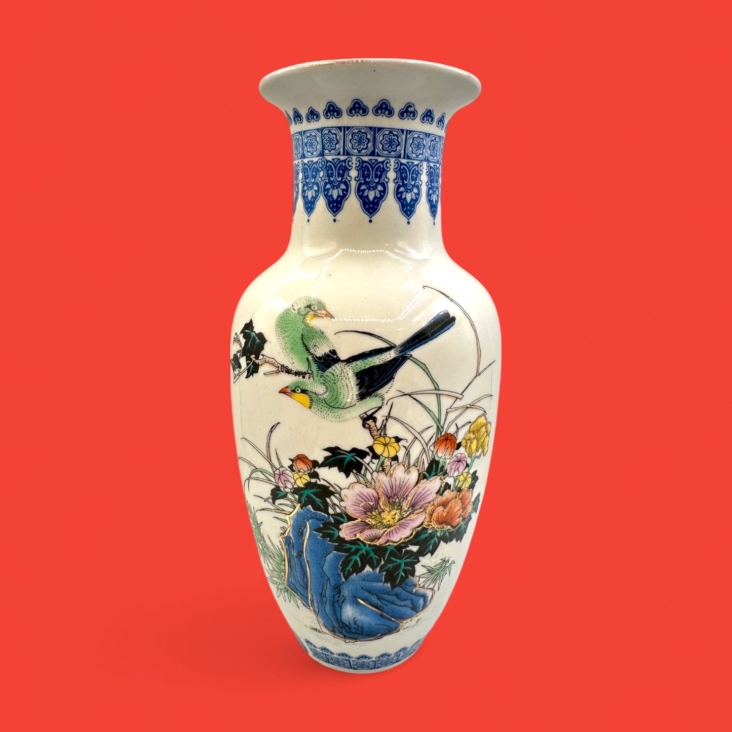 Hand-Painted Chinese Vase with Pheasant Bird Motif 1970s Blue Floral Pottery