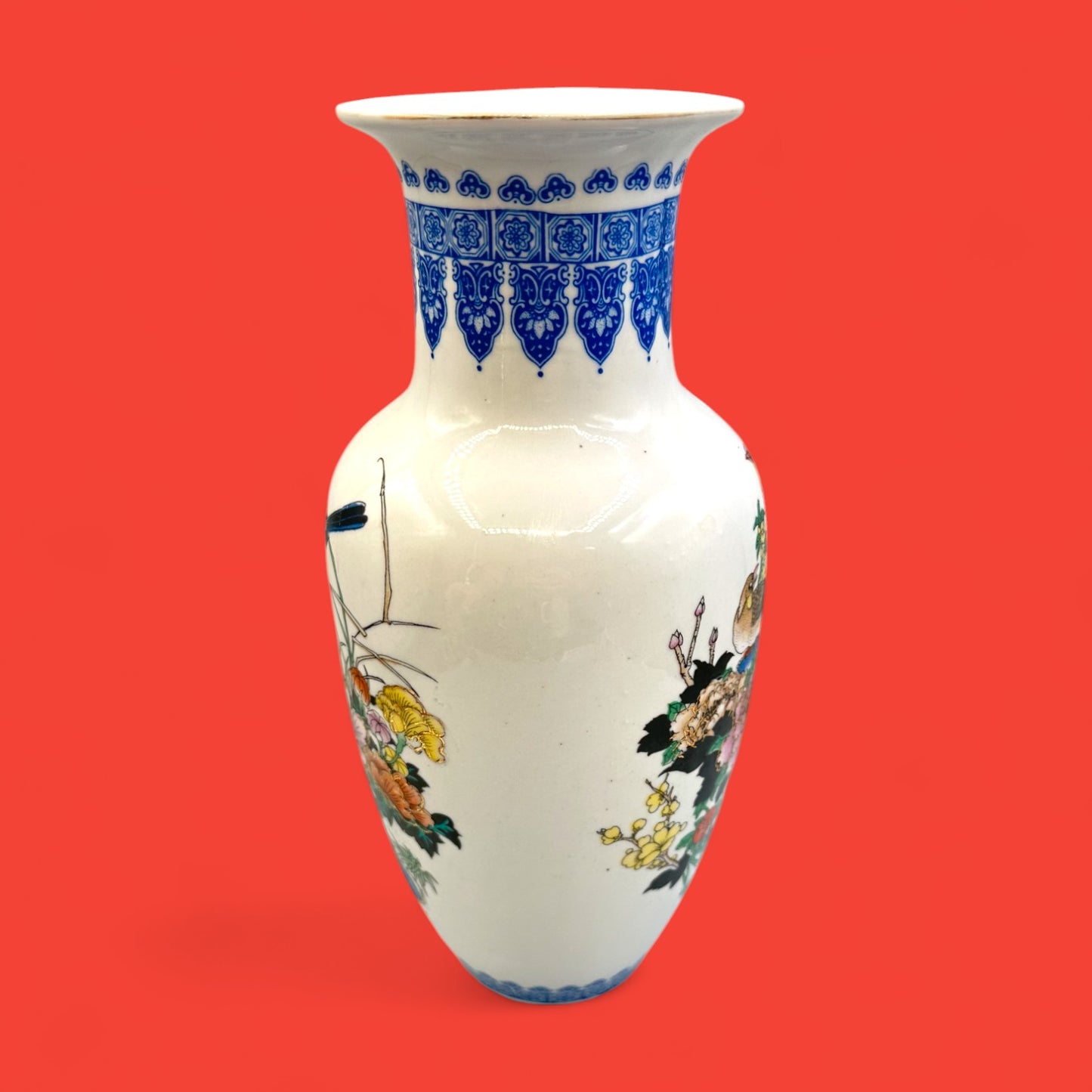 Hand-Painted Chinese Vase with Pheasant Bird Motif 1970s Blue Floral Pottery