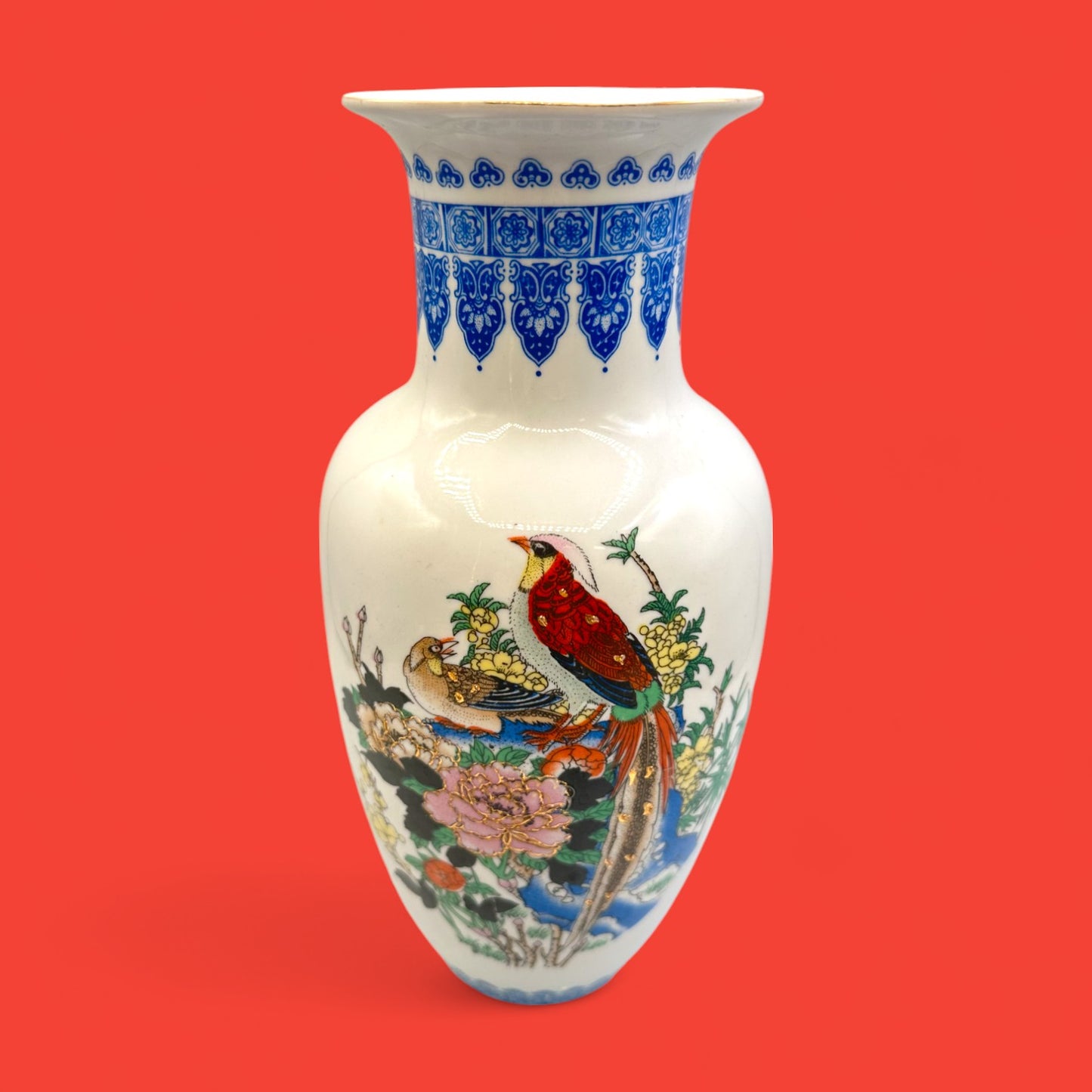 Hand-Painted Chinese Vase with Pheasant Bird Motif 1970s Blue Floral Pottery