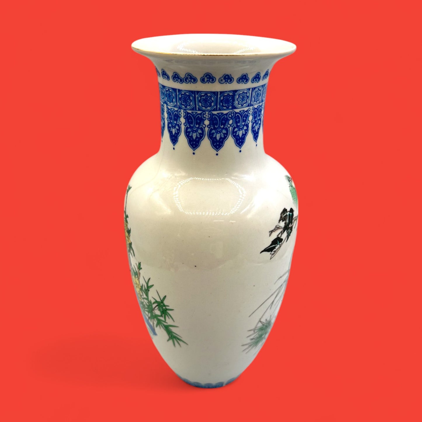 Hand-Painted Chinese Vase with Pheasant Bird Motif 1970s Blue Floral Pottery