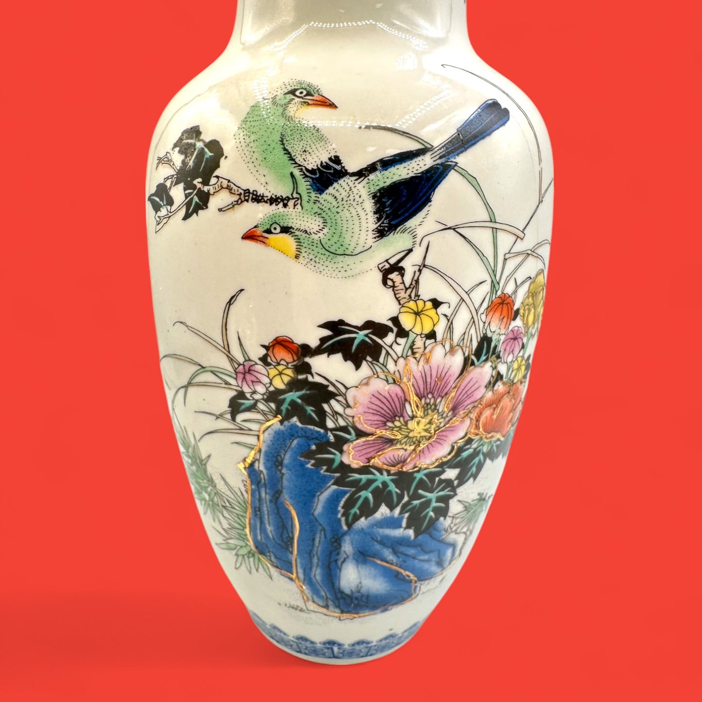Hand-Painted Chinese Vase with Pheasant Bird Motif 1970s Blue Floral Pottery
