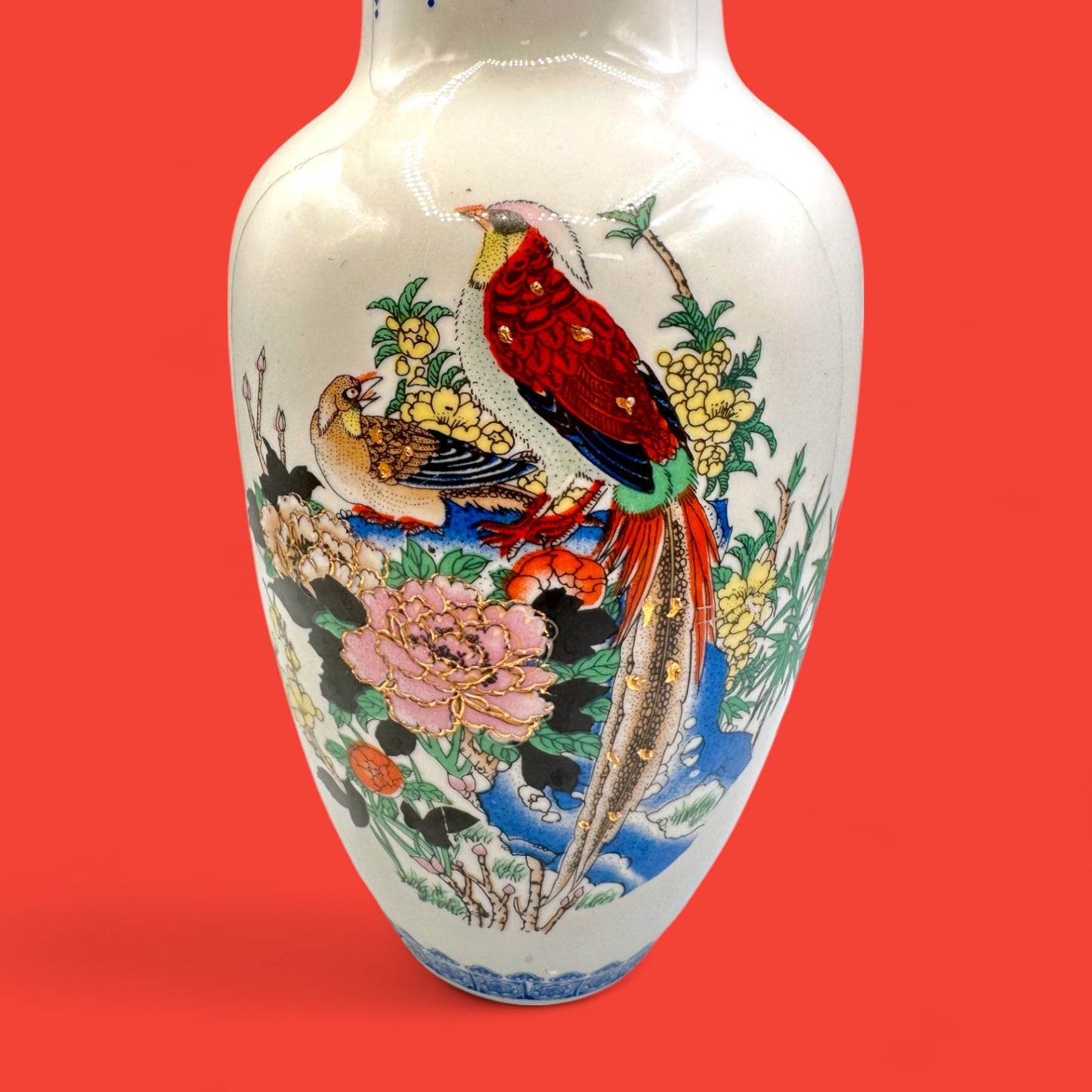 Hand-Painted Chinese Vase with Pheasant Bird Motif 1970s Blue Floral Pottery