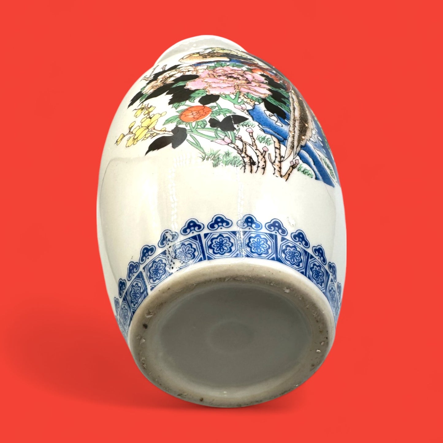 Hand-Painted Chinese Vase with Pheasant Bird Motif 1970s Blue Floral Pottery
