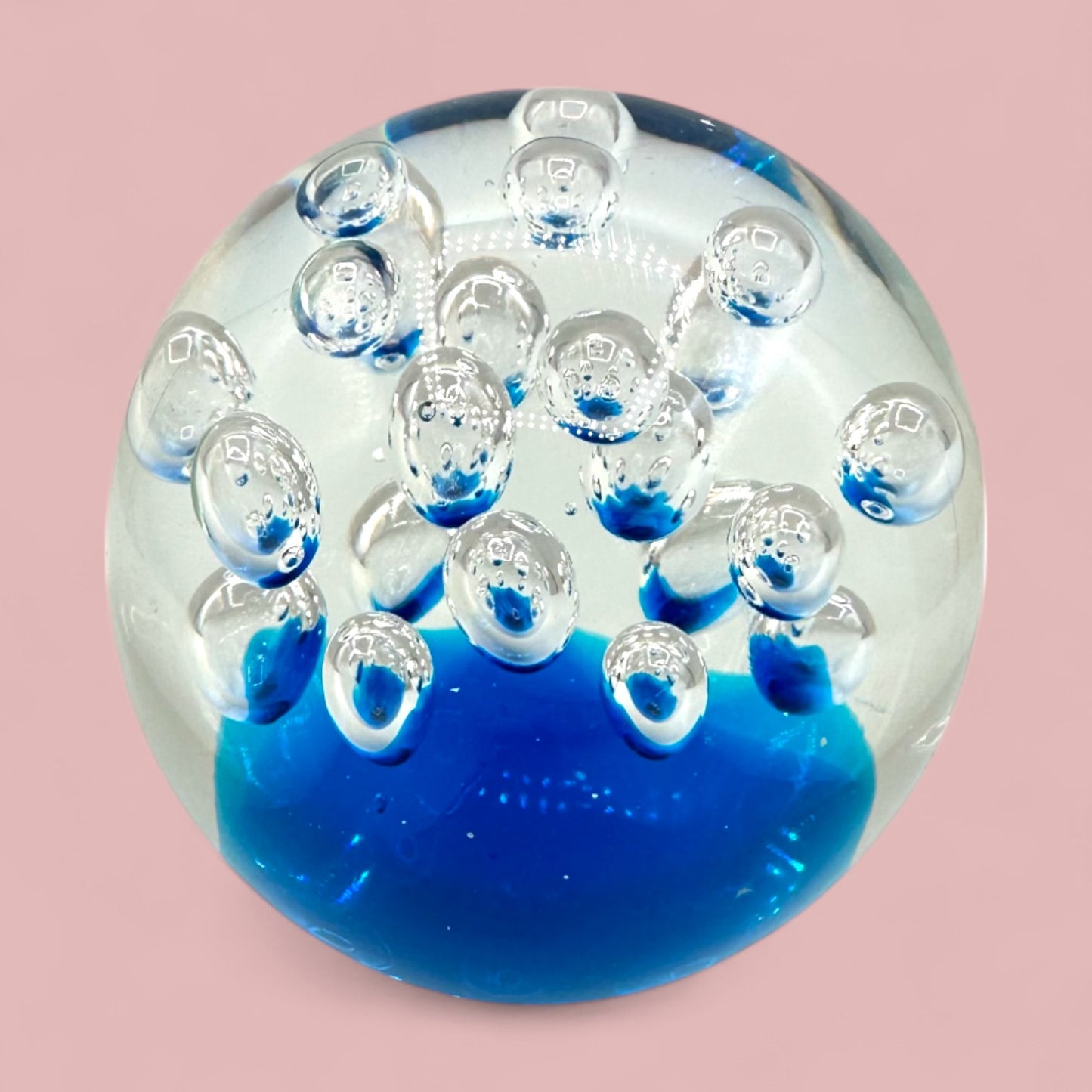 Mid-Century Modern Glass Paperweight with Air Bubbles – Blue Base, Clear Top