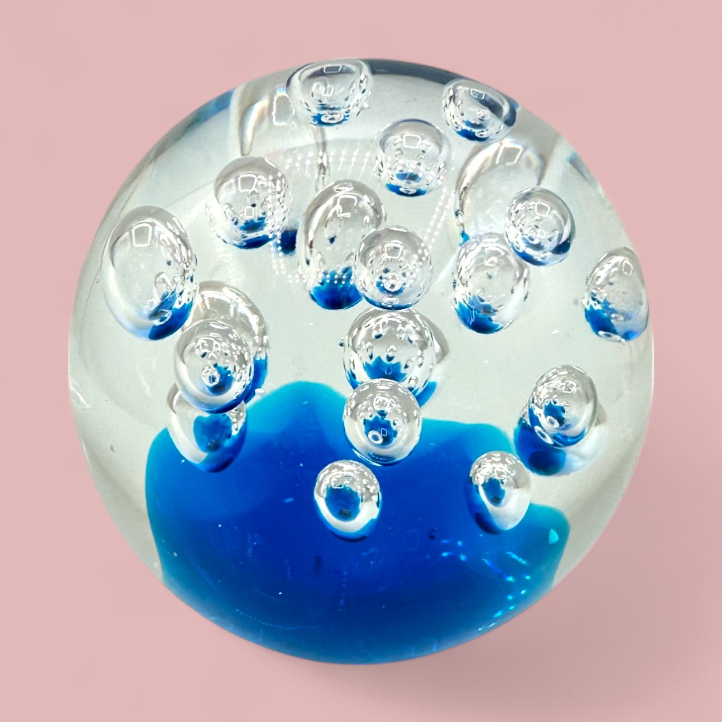 Mid-Century Modern Glass Paperweight with Air Bubbles – Blue Base, Clear Top