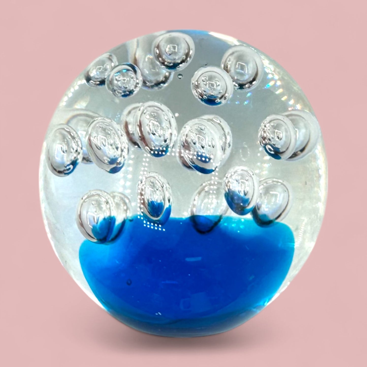 Mid-Century Modern Glass Paperweight with Air Bubbles – Blue Base, Clear Top
