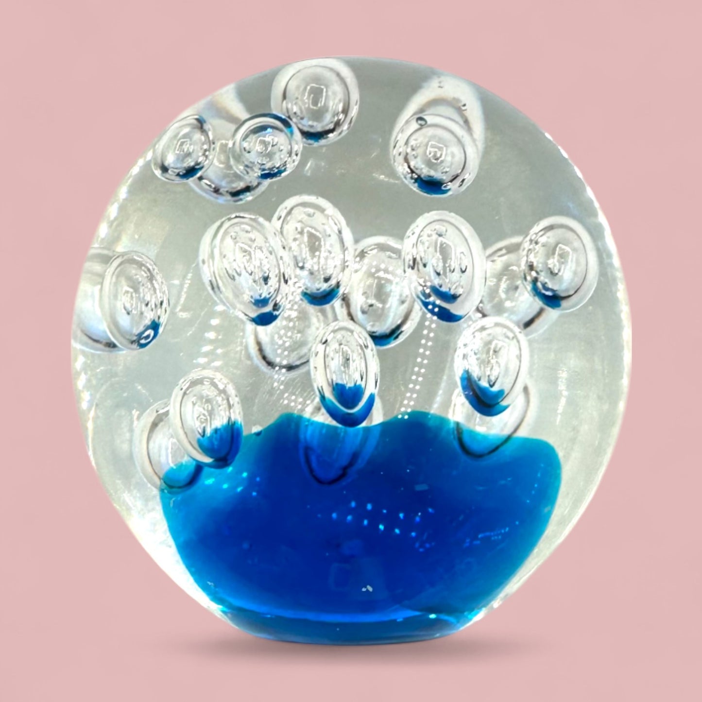 Mid-Century Modern Glass Paperweight with Air Bubbles – Blue Base, Clear Top