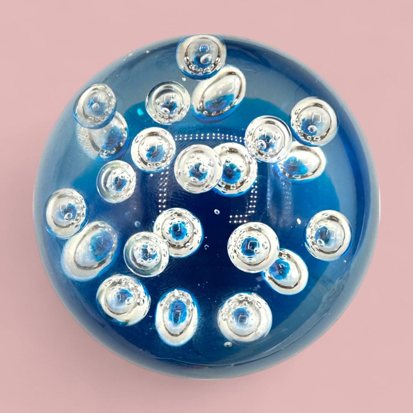 Mid-Century Modern Glass Paperweight with Air Bubbles – Blue Base, Clear Top