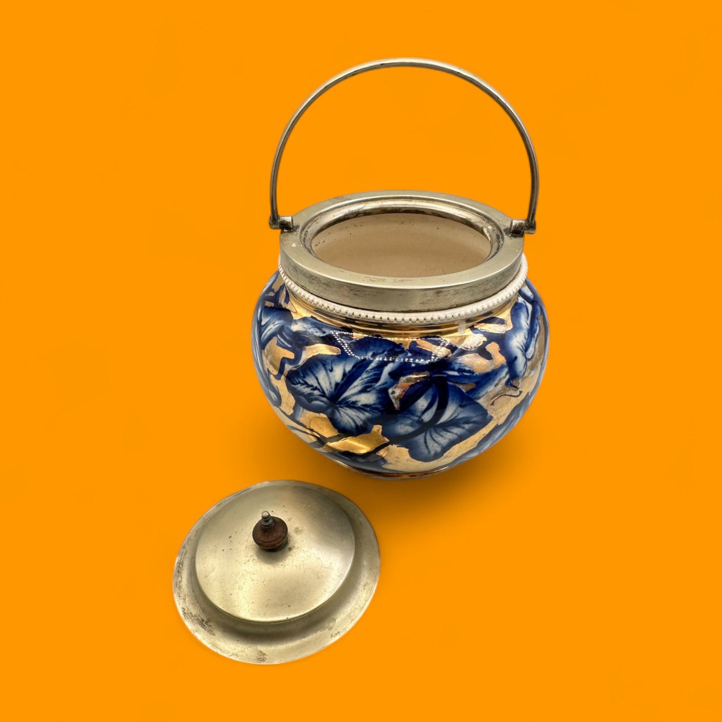 Biscuit barrel with floral blue & gold glaze, c. mid-late 19th century