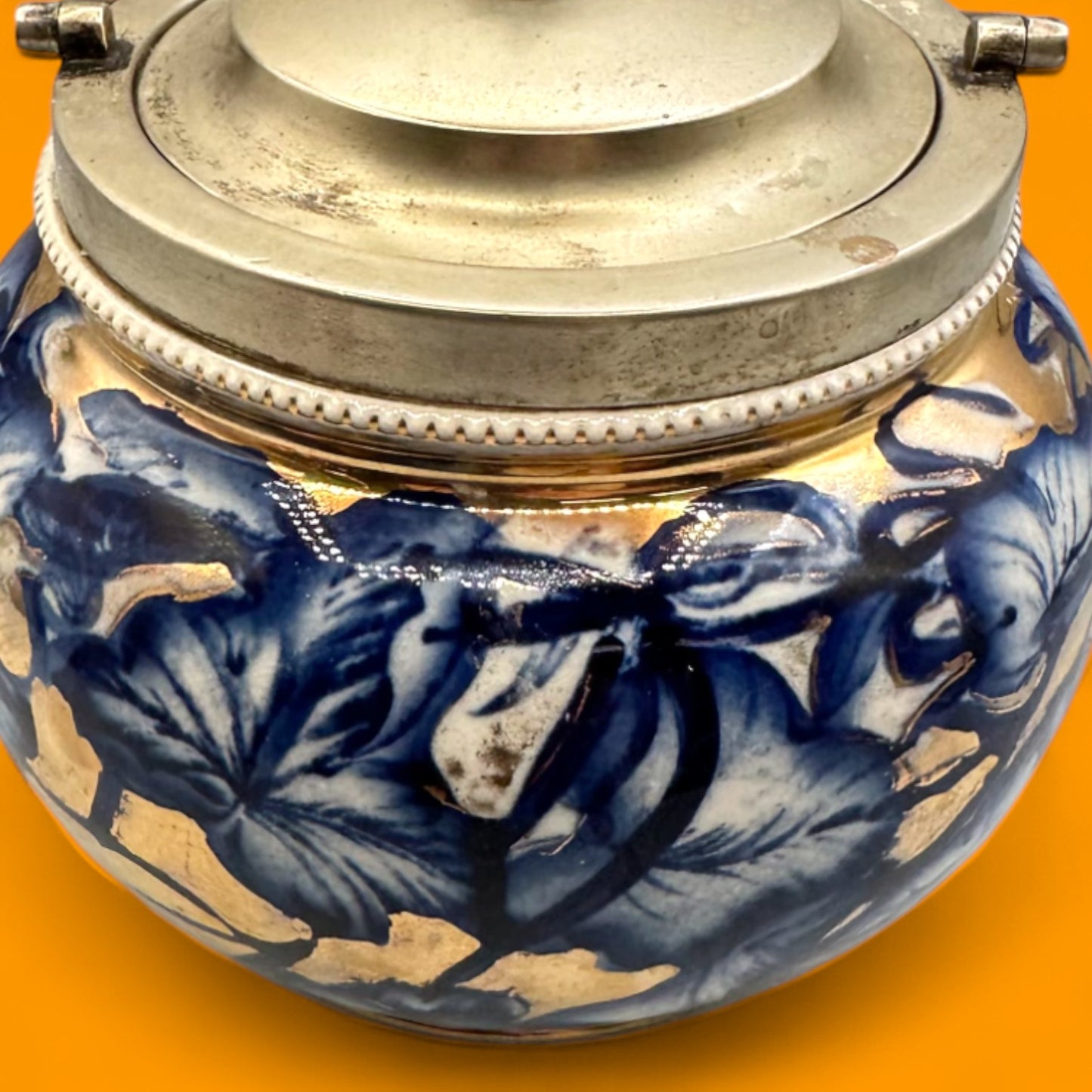 Biscuit barrel with floral blue & gold glaze, c. mid-late 19th century