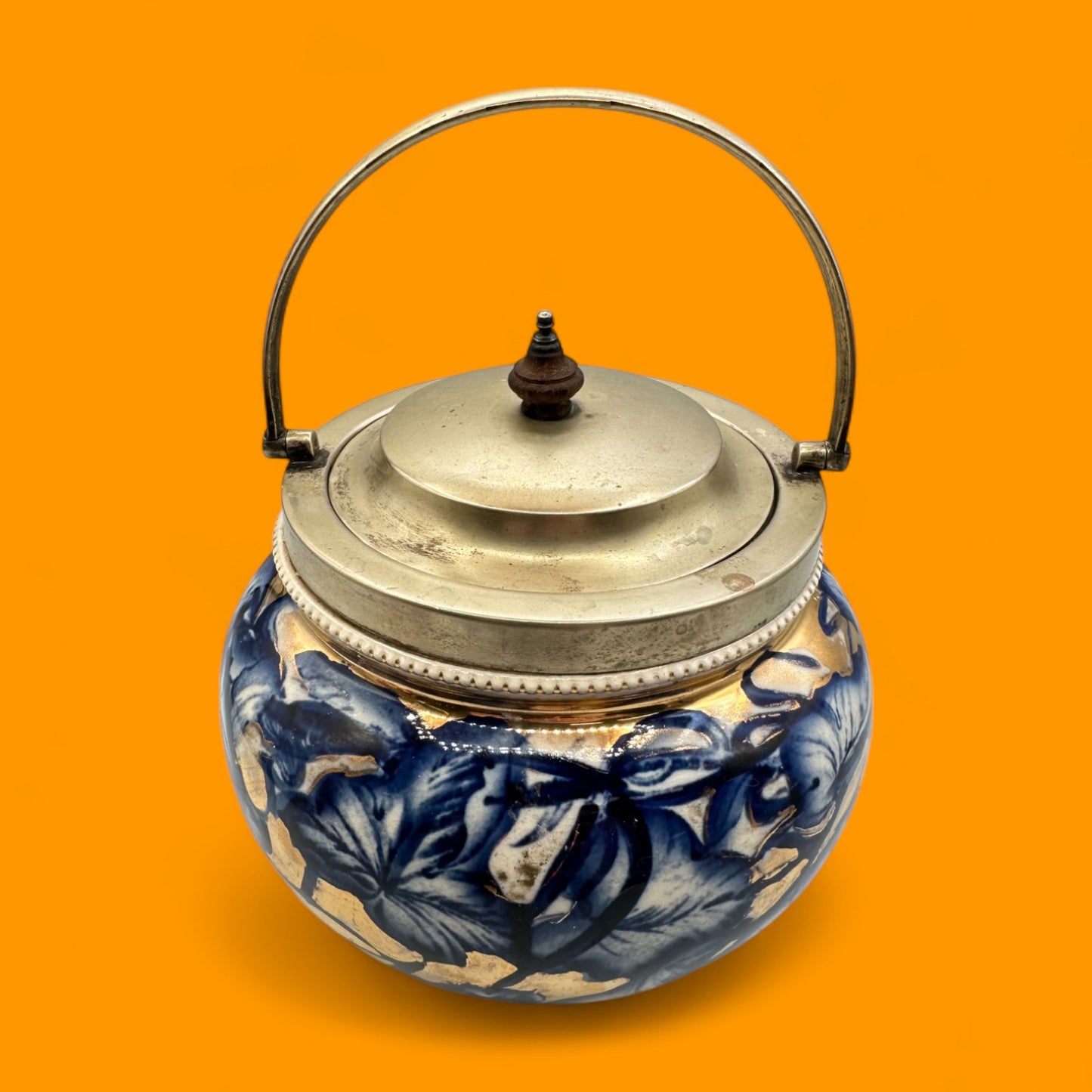 Biscuit barrel with floral blue & gold glaze, c. mid-late 19th century
