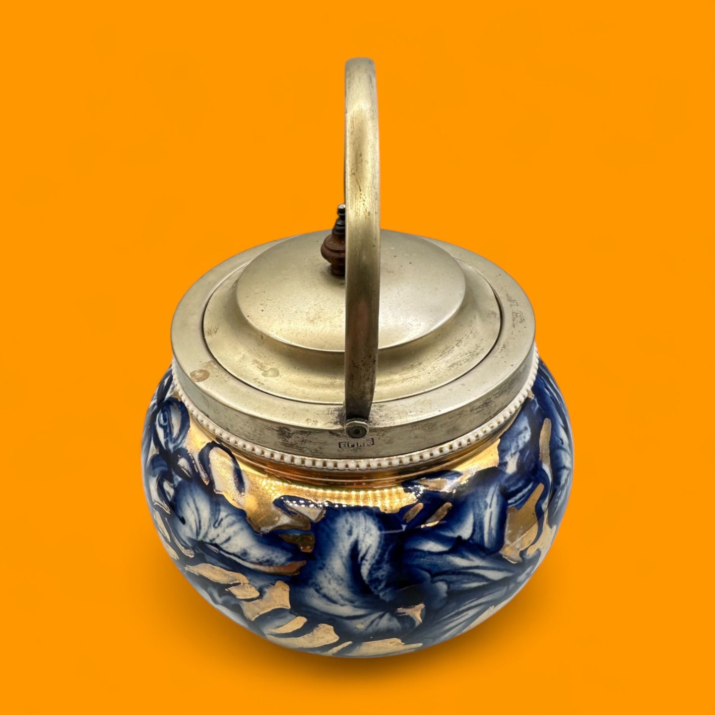 Biscuit barrel with floral blue & gold glaze, c. mid-late 19th century