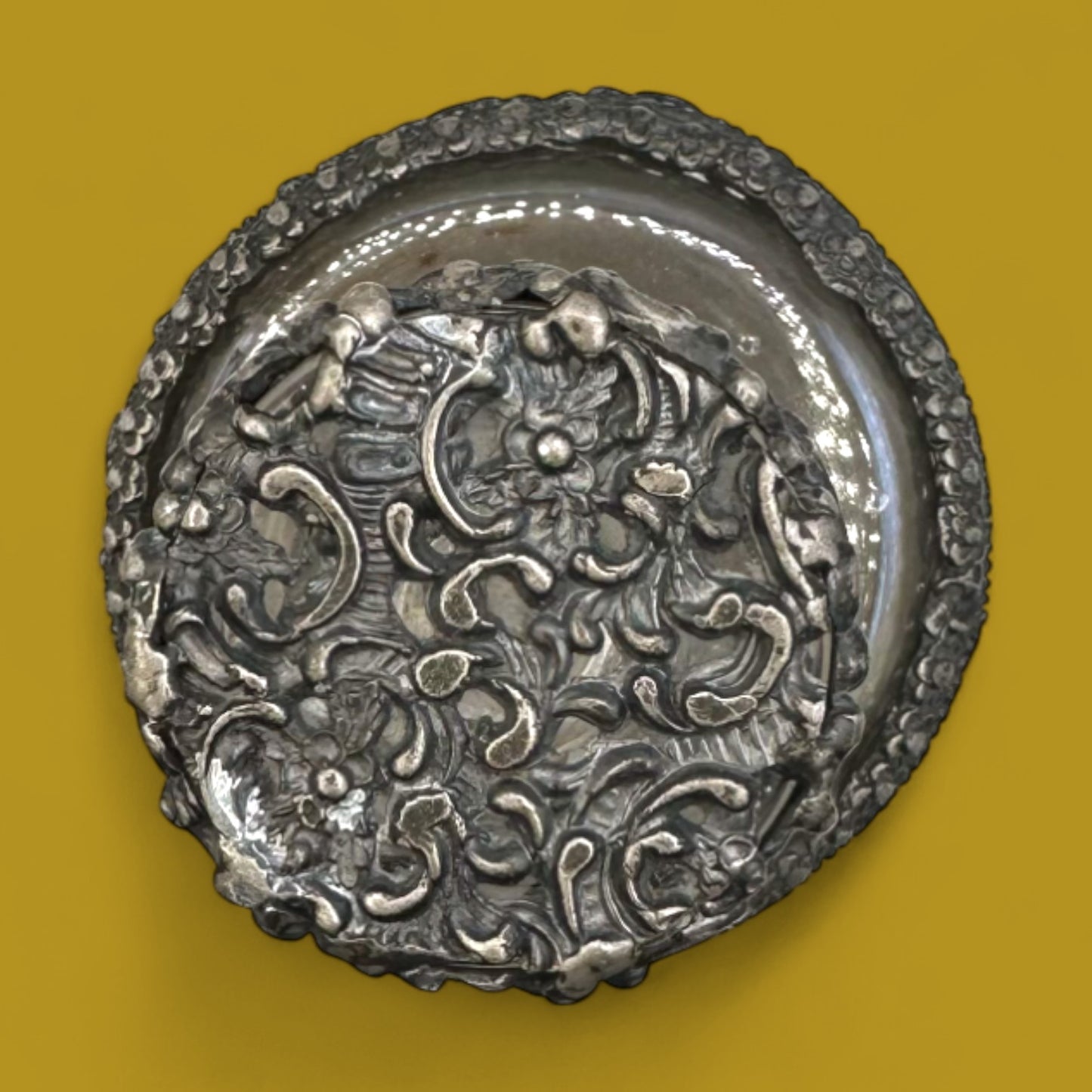 Antique ornate metal filigree perfume bottle with stopper