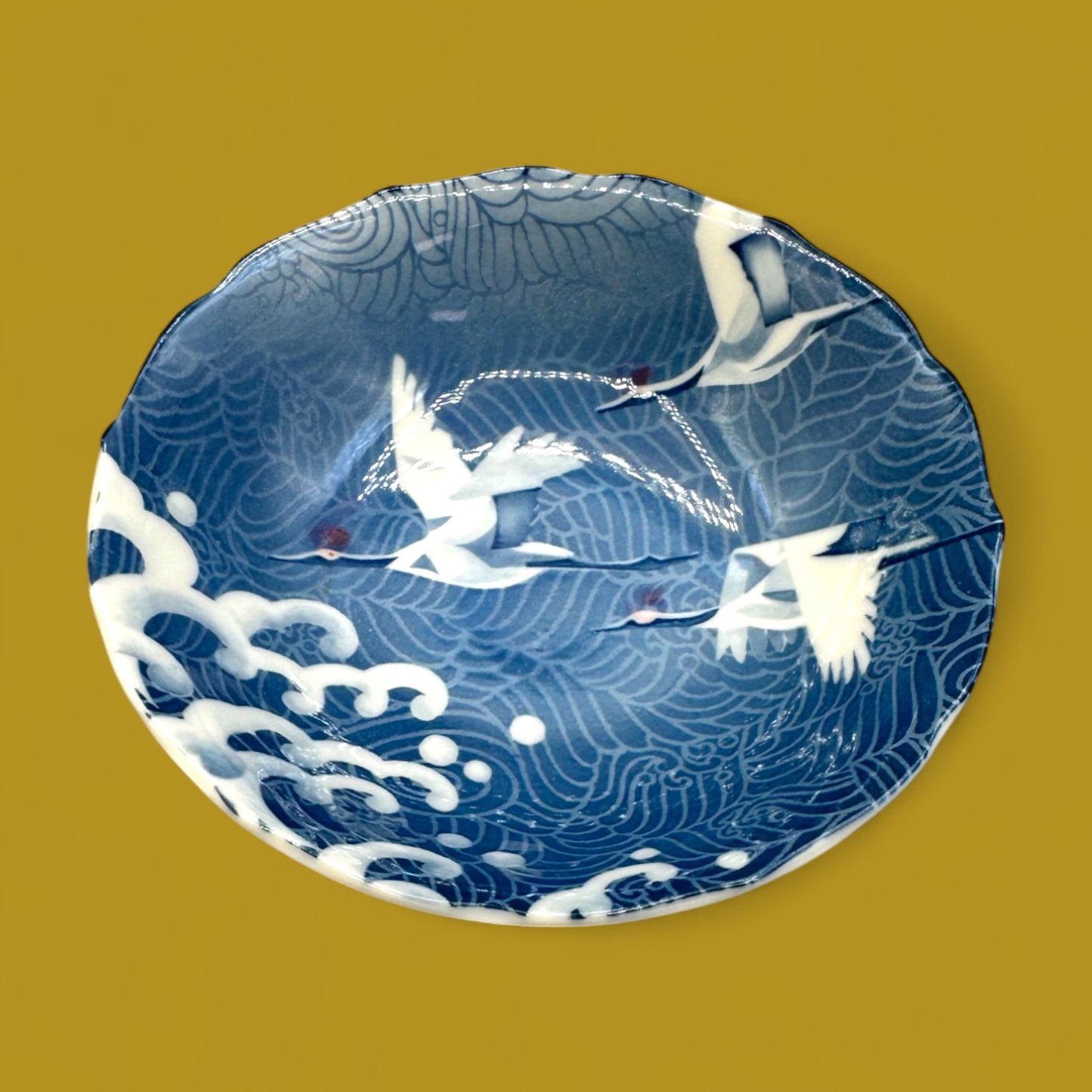 Japanese Porcelain Rice Bowl with Cranes Over Ocean Waves