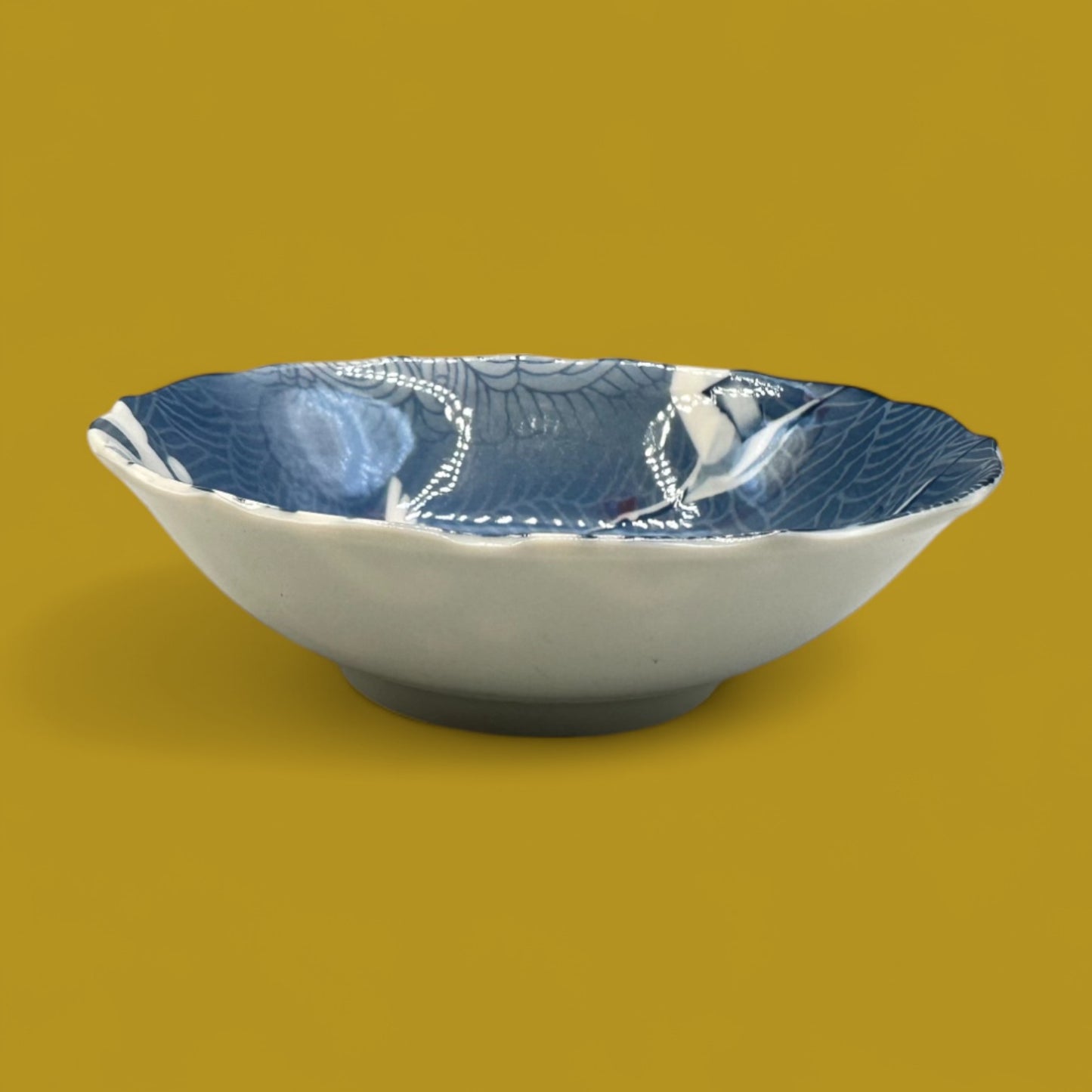 Japanese Porcelain Rice Bowl with Cranes Over Ocean Waves