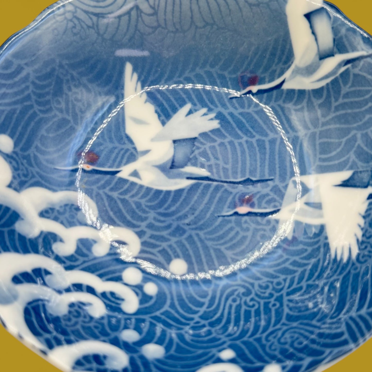 Japanese Porcelain Rice Bowl with Cranes Over Ocean Waves
