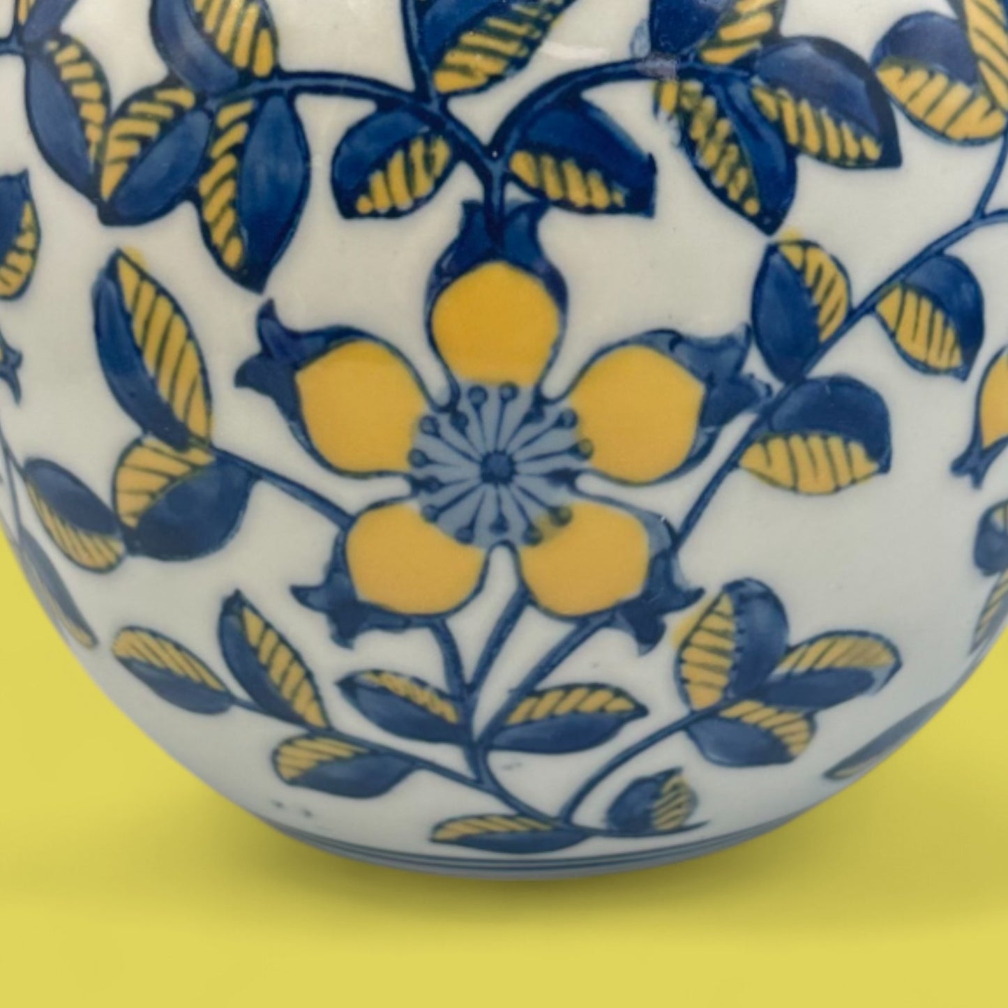 Vintage Hand-Glazed Chinese Floral Vase with Blue & Yellow Motif