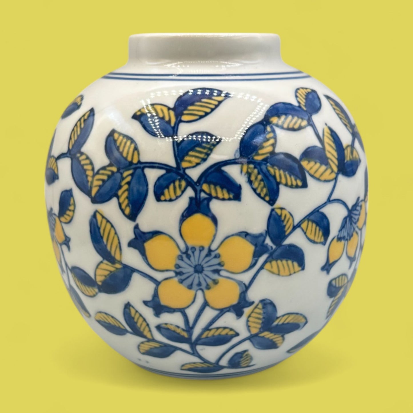 Vintage Hand-Glazed Chinese Floral Vase with Blue & Yellow Motif