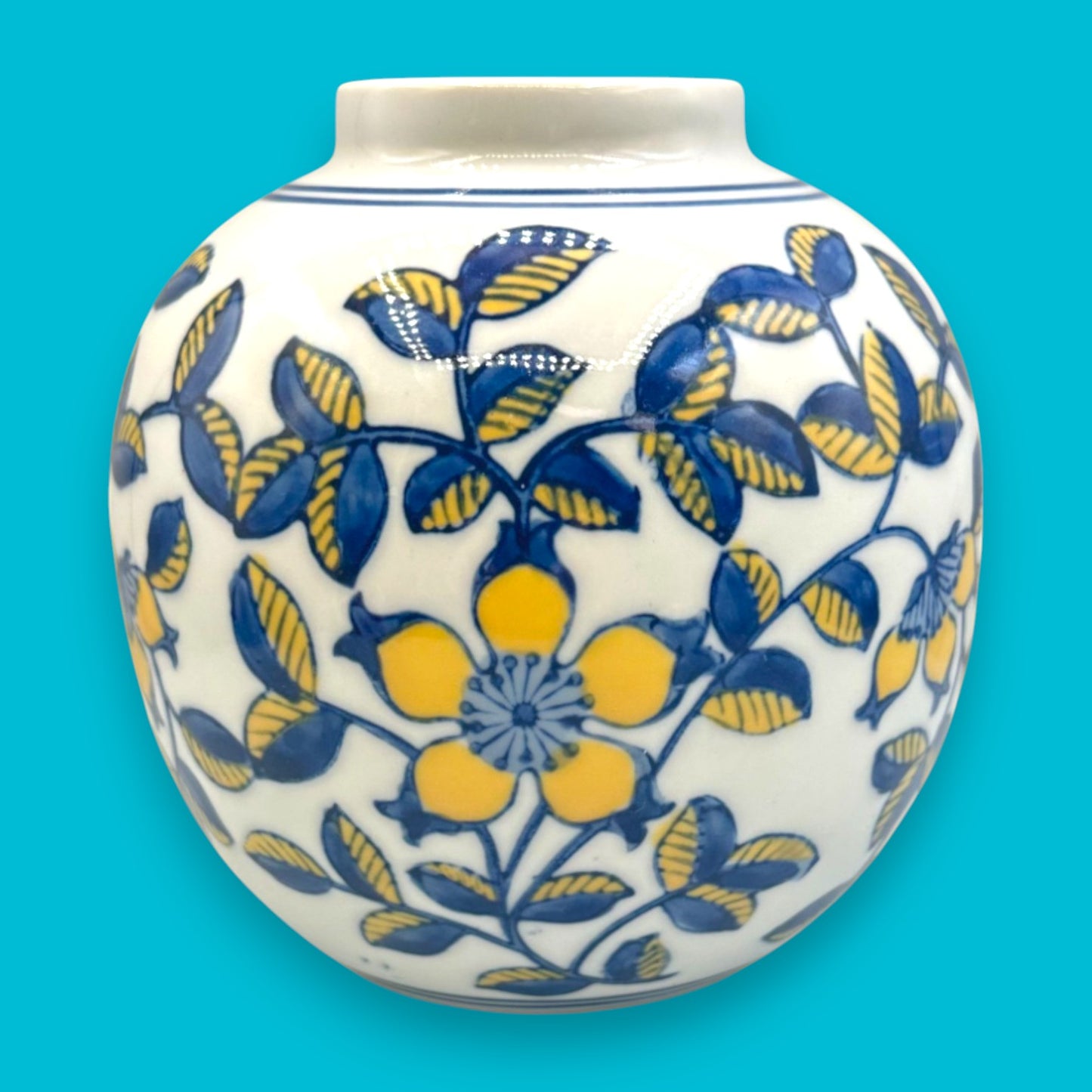 Vintage Hand-Glazed Chinese Floral Vase with Blue & Yellow Motif