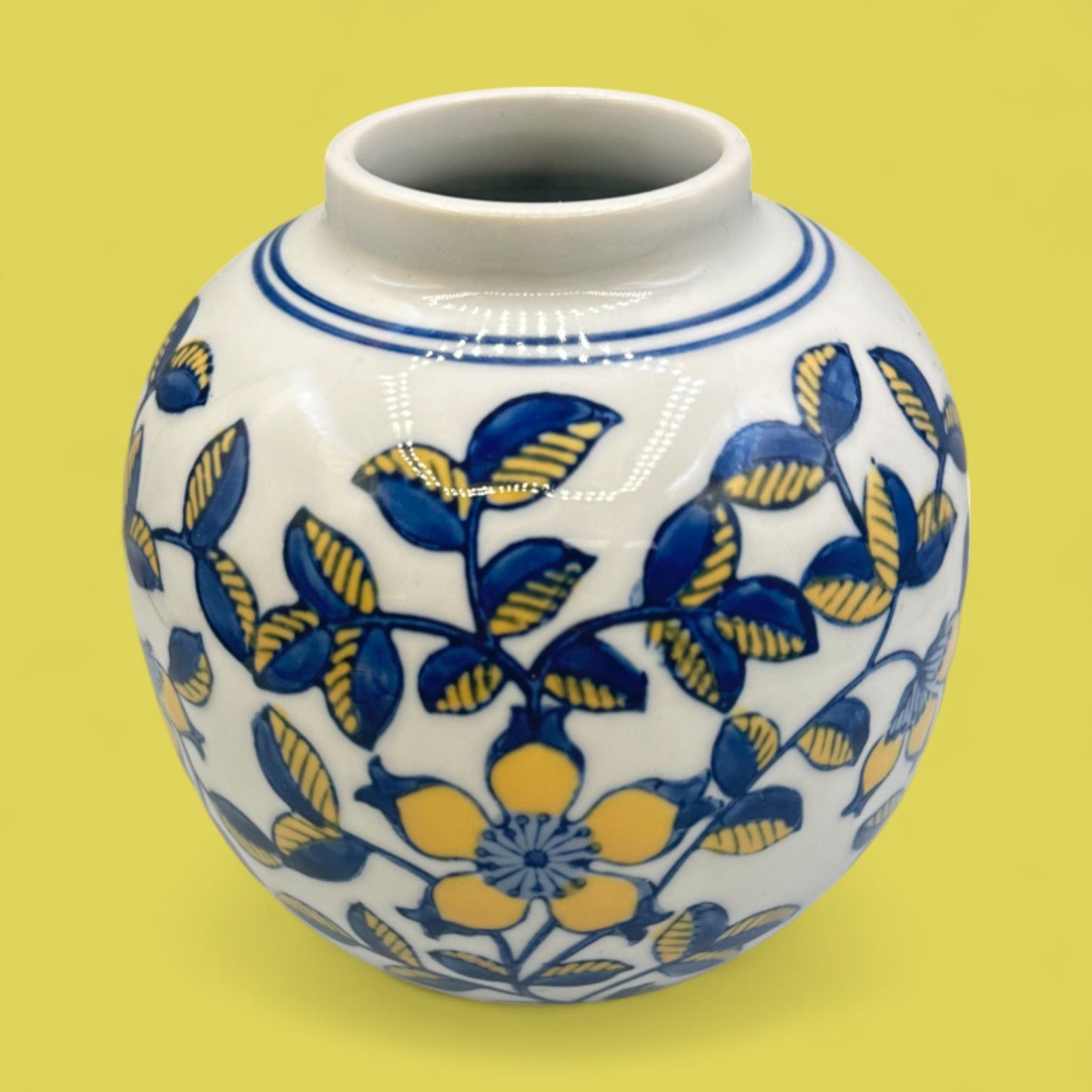 Vintage Hand-Glazed Chinese Floral Vase with Blue & Yellow Motif