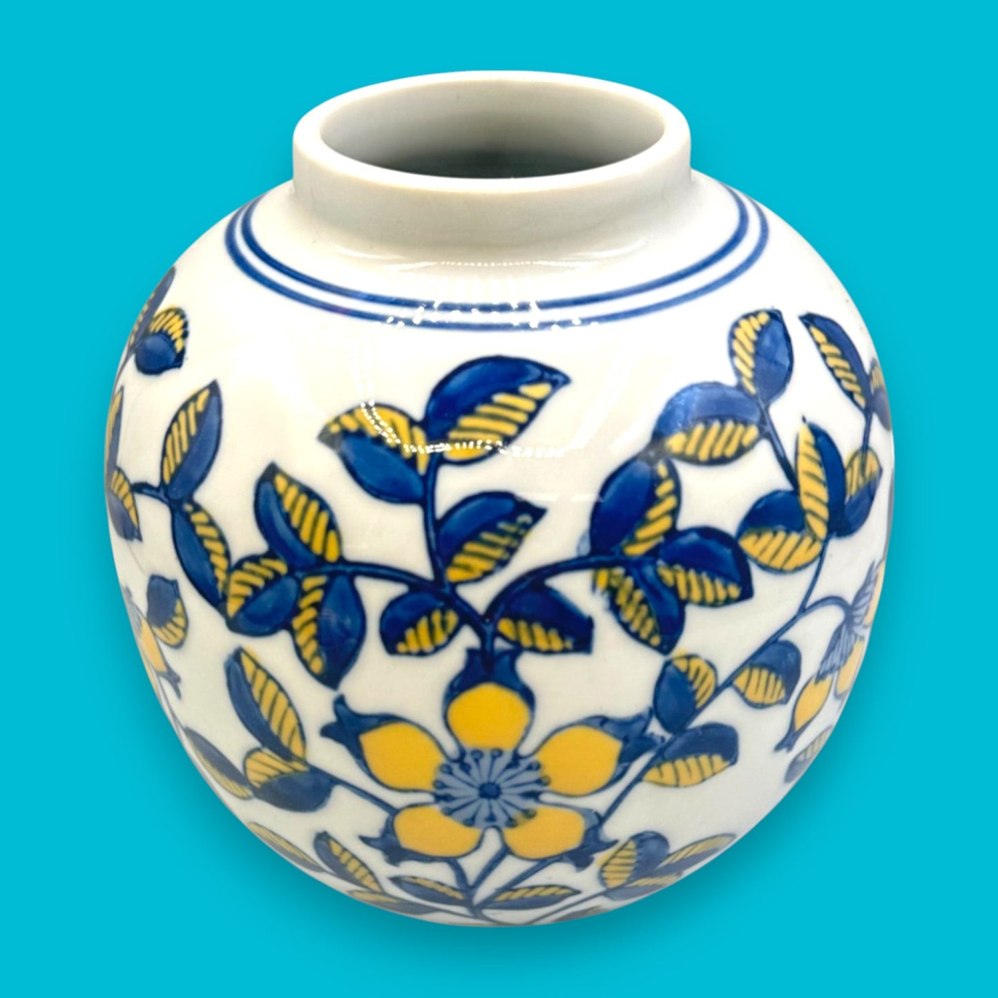 Vintage Hand-Glazed Chinese Floral Vase with Blue & Yellow Motif