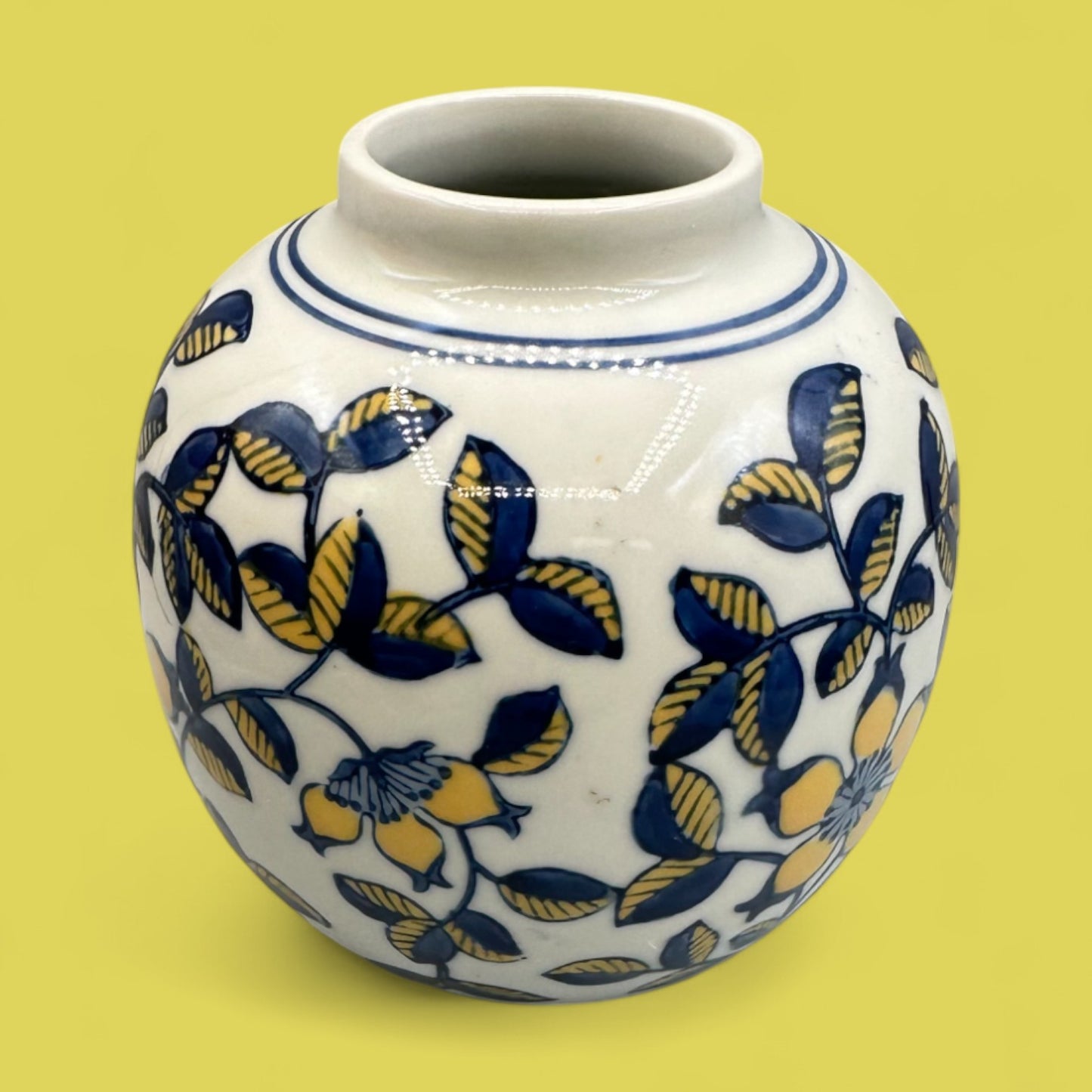 Vintage Hand-Glazed Chinese Floral Vase with Blue & Yellow Motif
