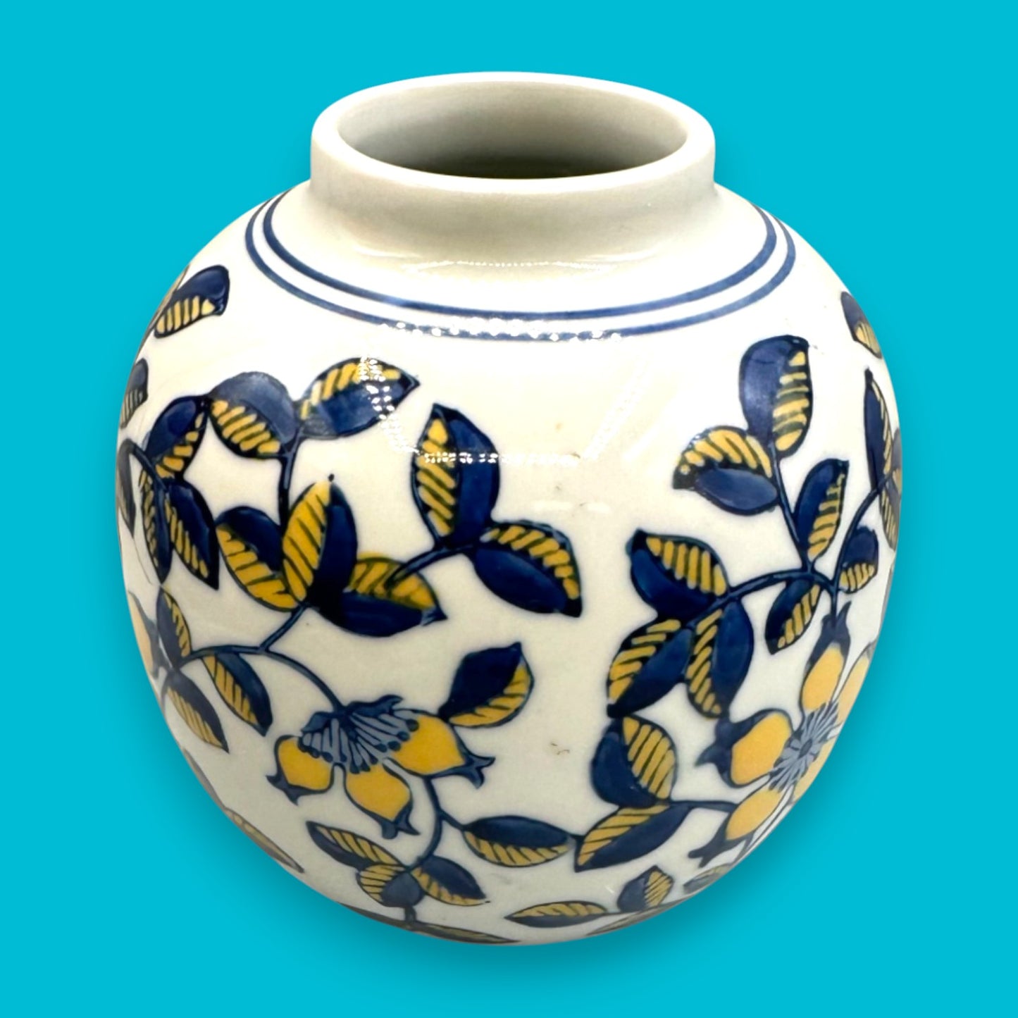 Vintage Hand-Glazed Chinese Floral Vase with Blue & Yellow Motif