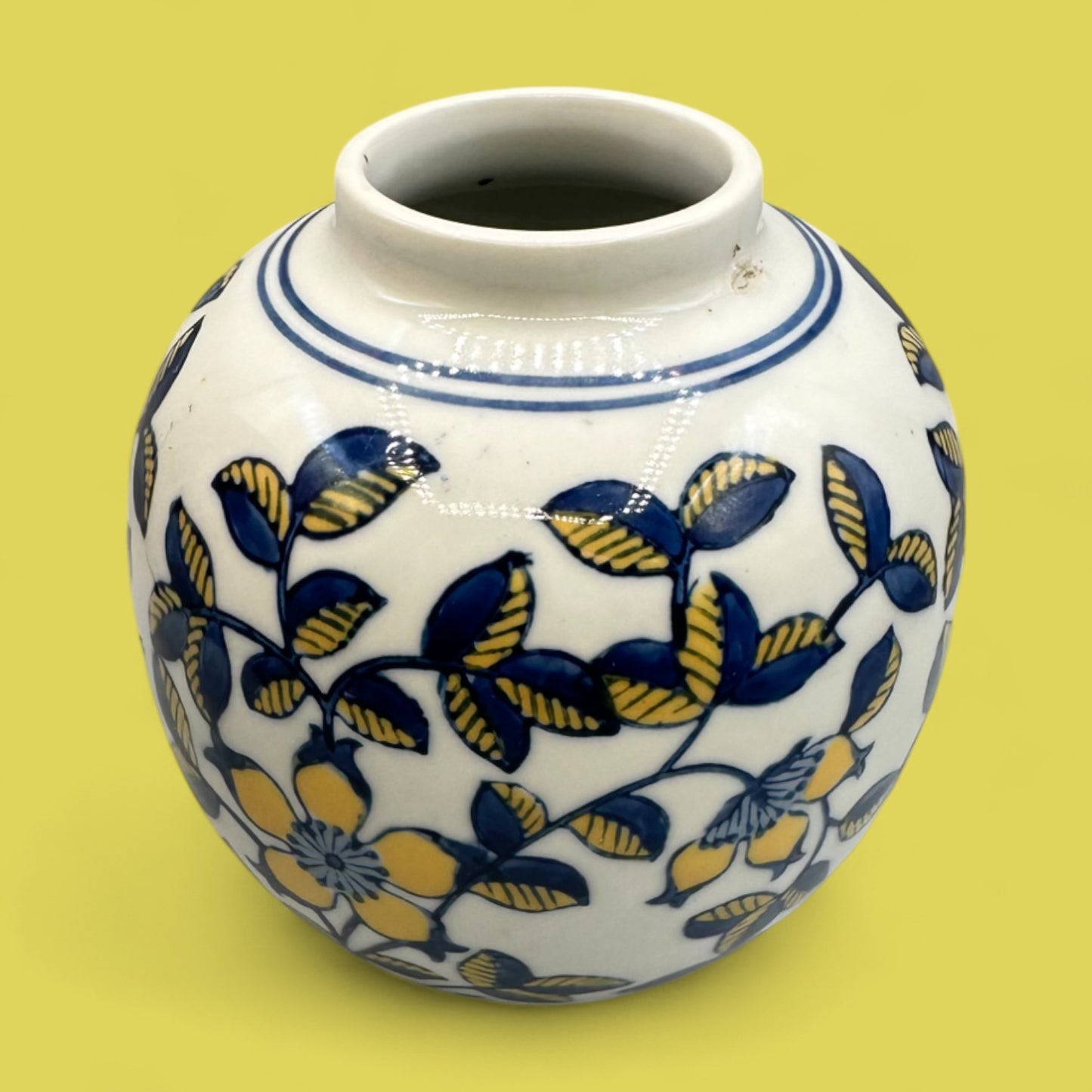 Vintage Hand-Glazed Chinese Floral Vase with Blue & Yellow Motif