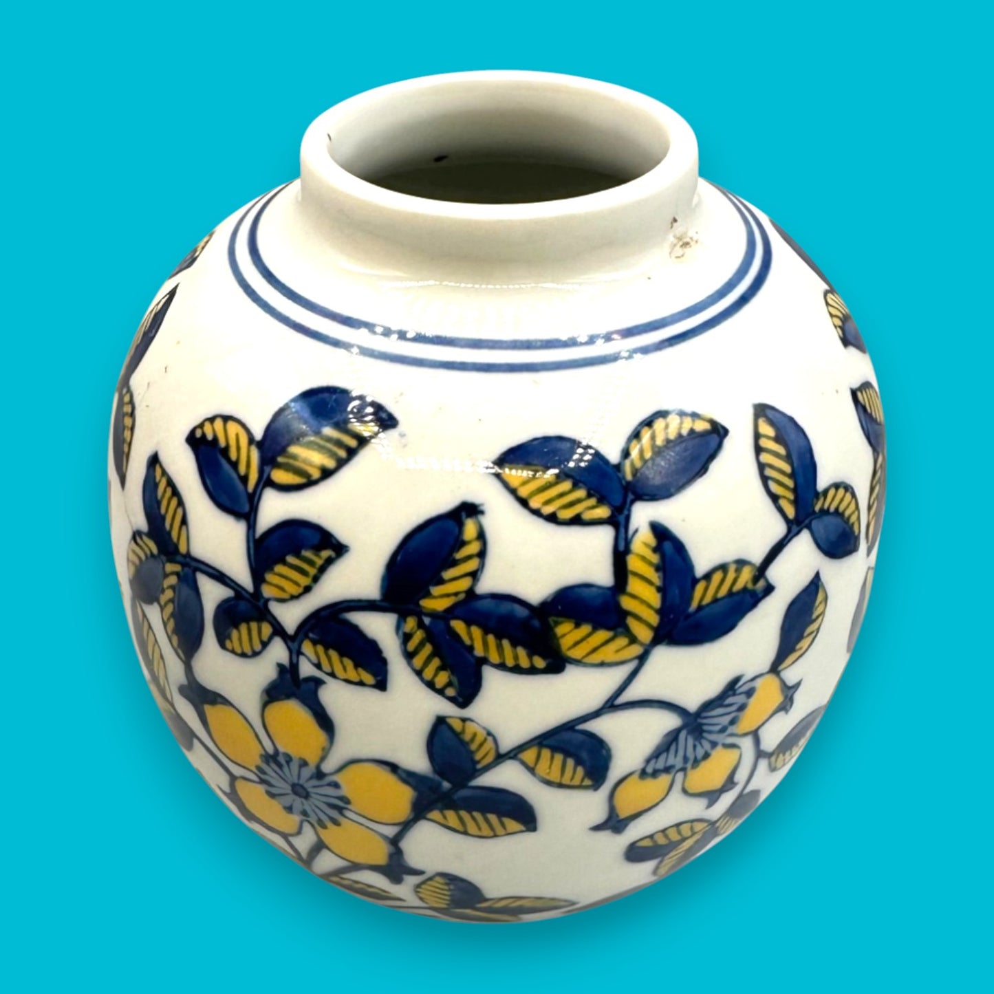 Vintage Hand-Glazed Chinese Floral Vase with Blue & Yellow Motif