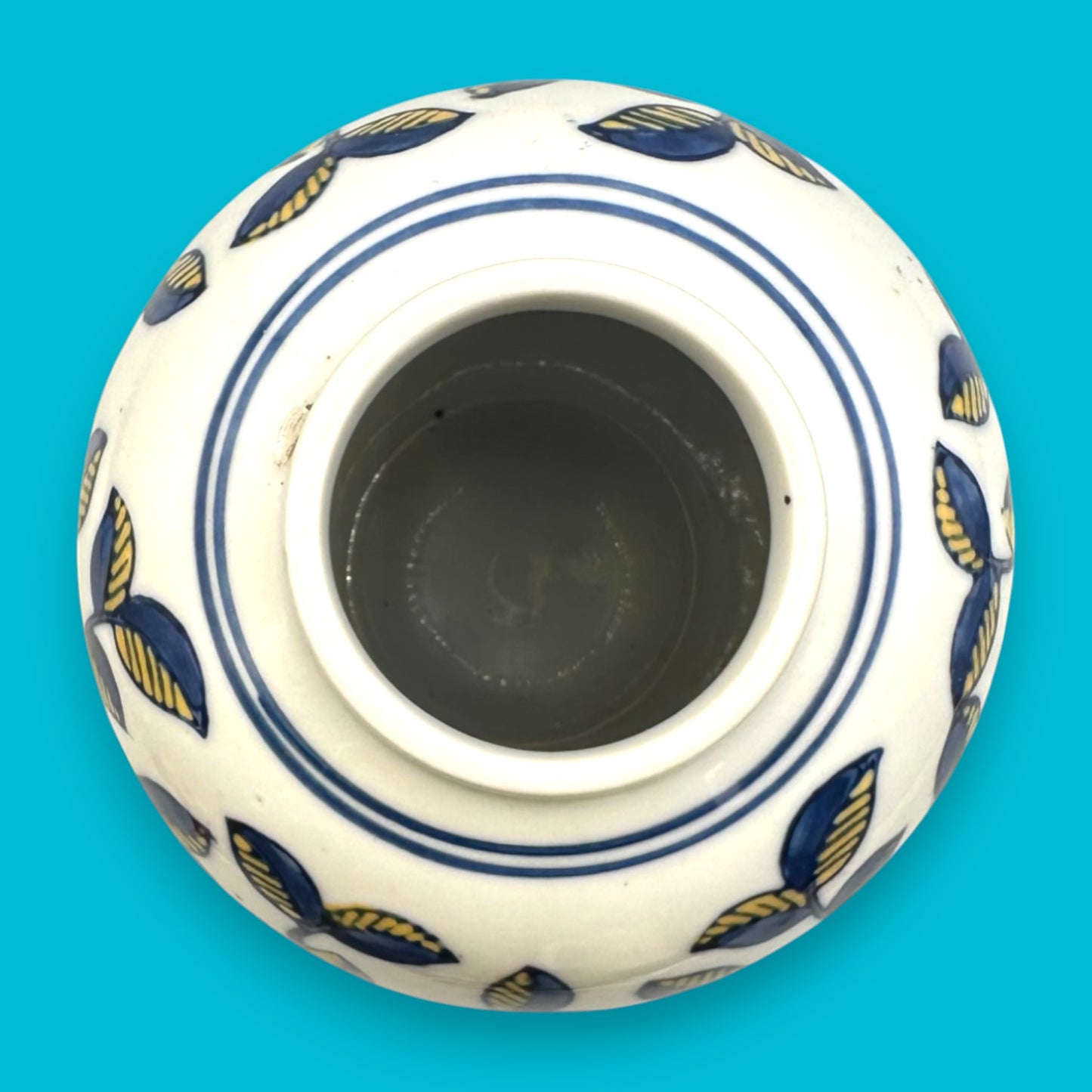Vintage Hand-Glazed Chinese Floral Vase with Blue & Yellow Motif
