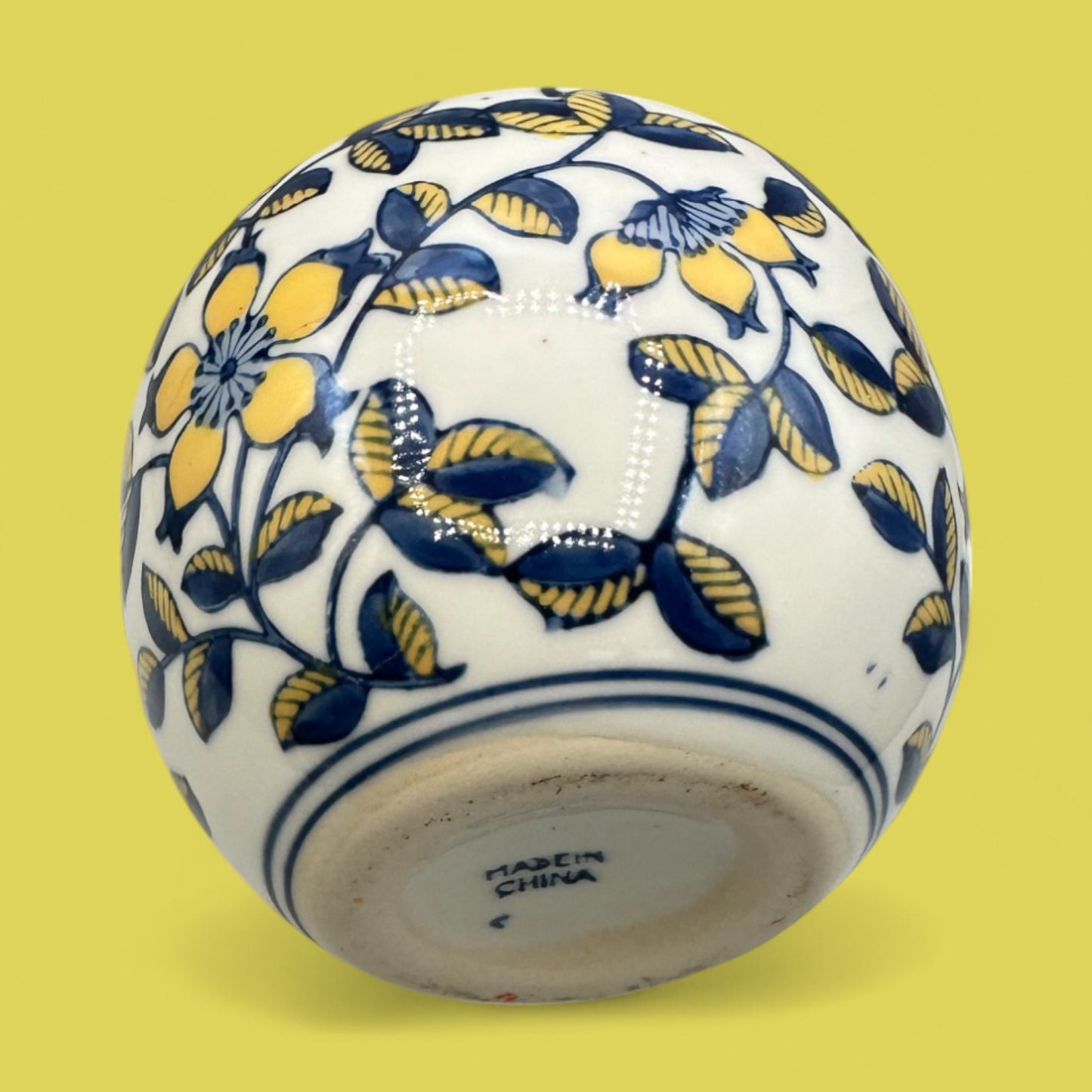 Vintage Hand-Glazed Chinese Floral Vase with Blue & Yellow Motif