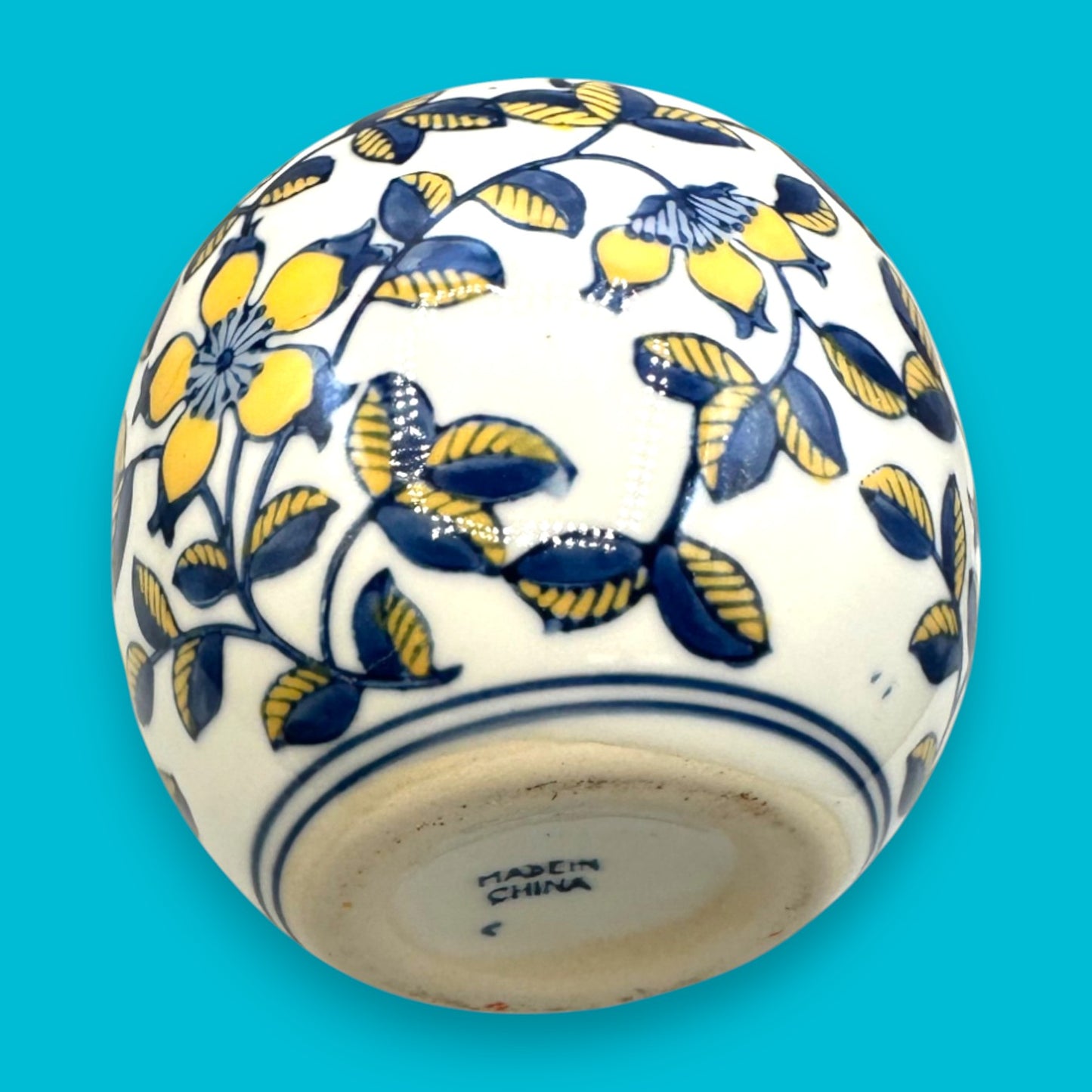 Vintage Hand-Glazed Chinese Floral Vase with Blue & Yellow Motif