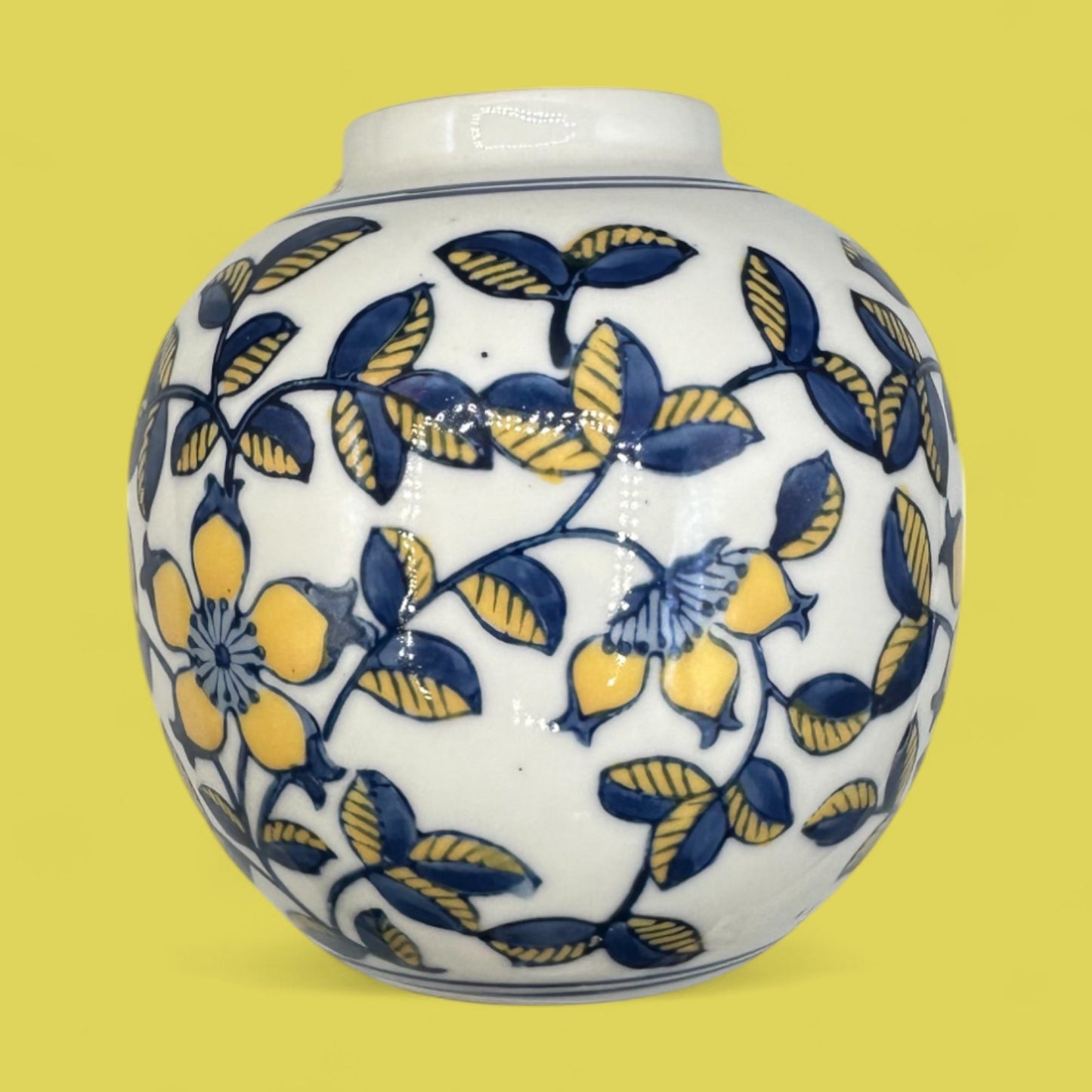 Vintage Hand-Glazed Chinese Floral Vase with Blue & Yellow Motif