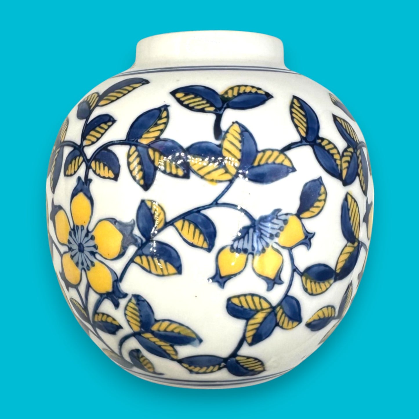 Vintage Hand-Glazed Chinese Floral Vase with Blue & Yellow Motif