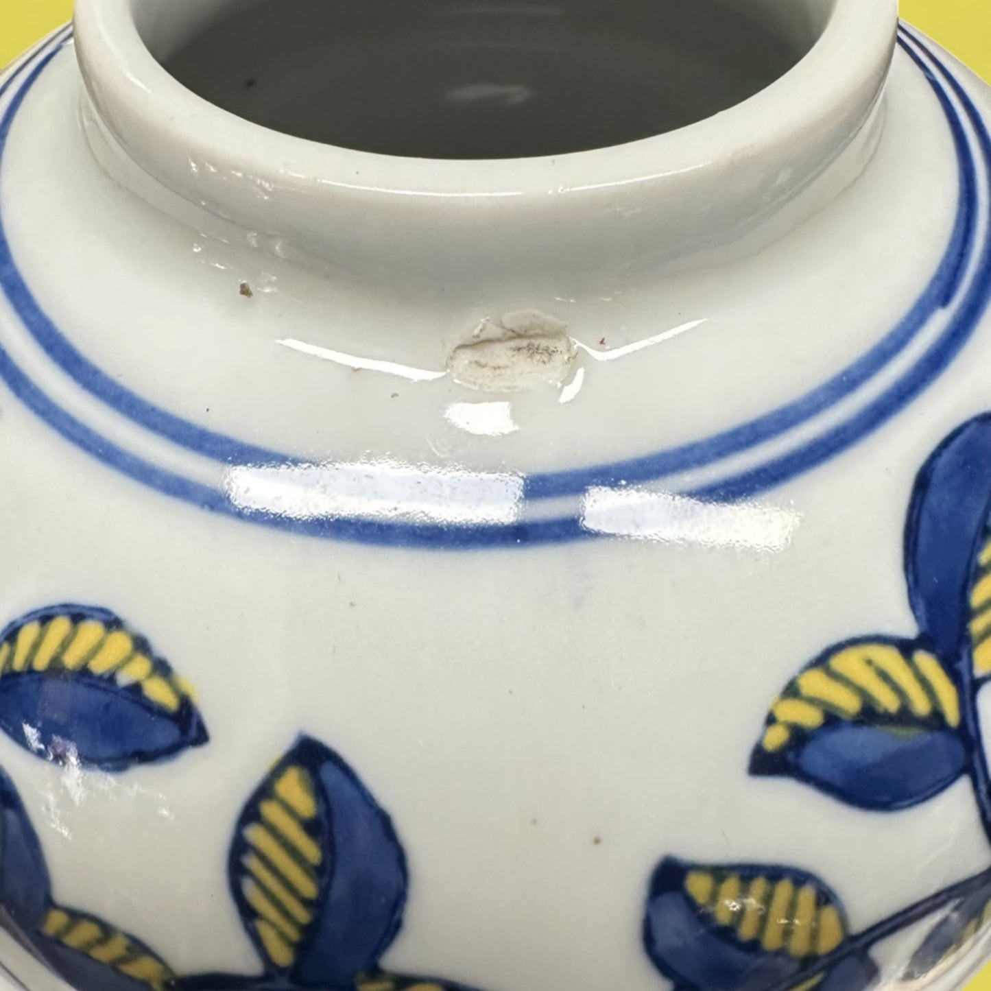 Vintage Hand-Glazed Chinese Floral Vase with Blue & Yellow Motif