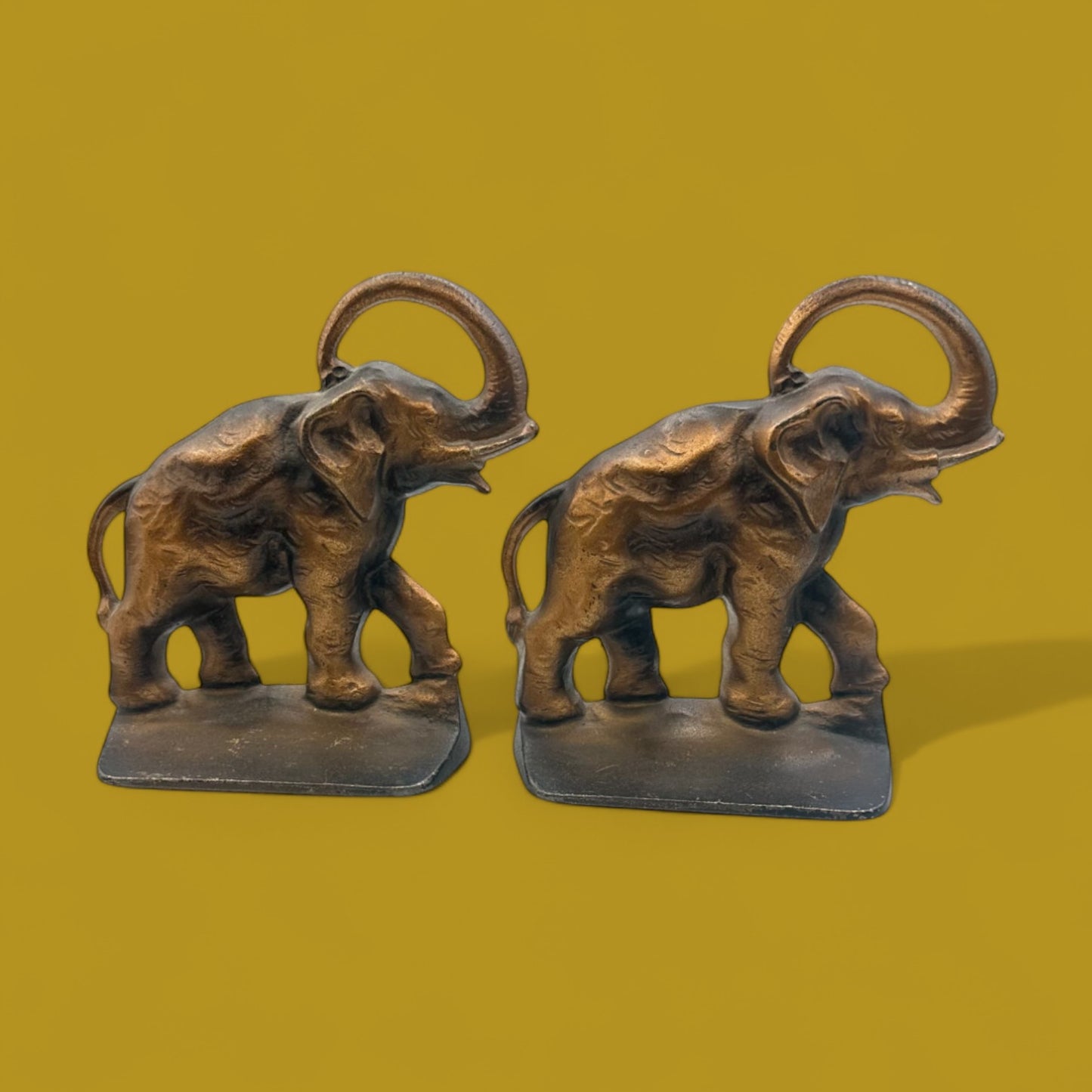 Vintage Gold/Bronze Painted Cast Metal African Elephant Book Ends