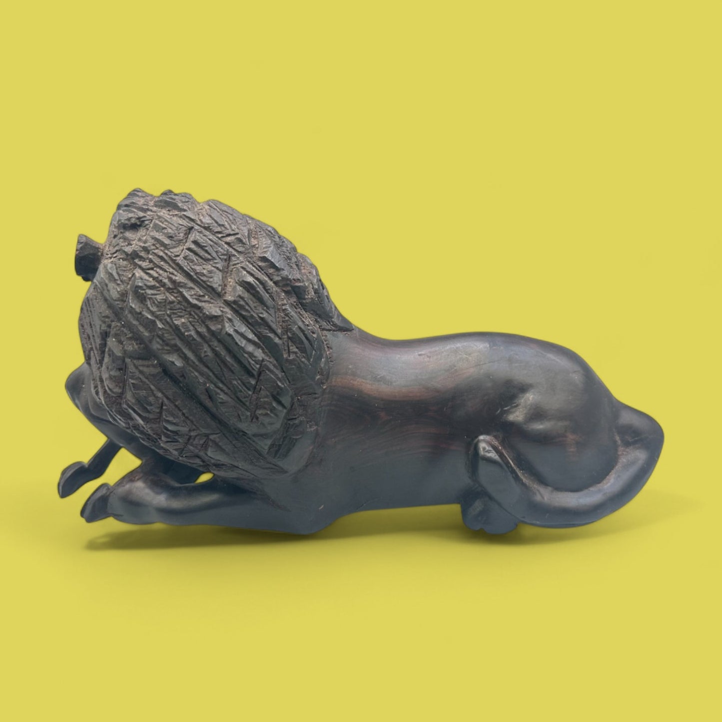 African Hand-Carved Ebony Lion with Prey Sculpture