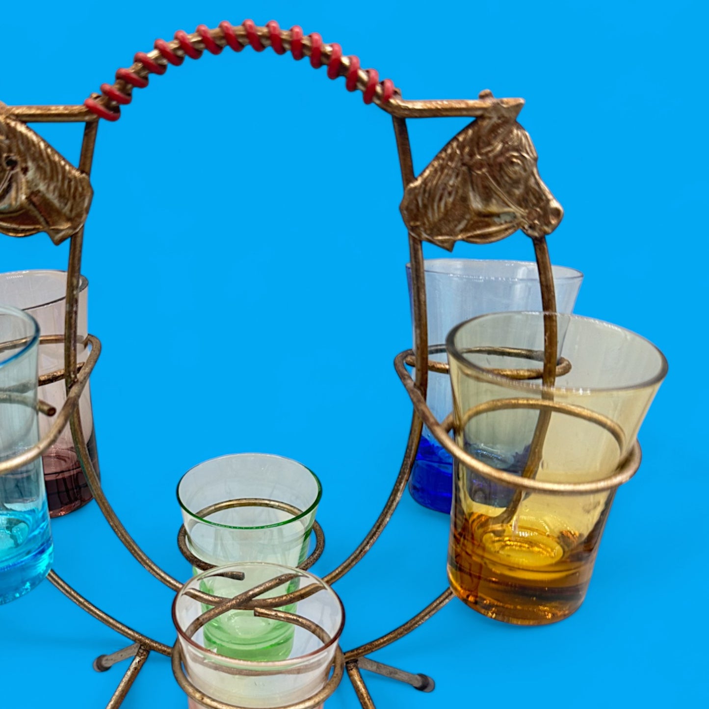 Vintage horseshoe shot glass holder – 6-glass western barware set