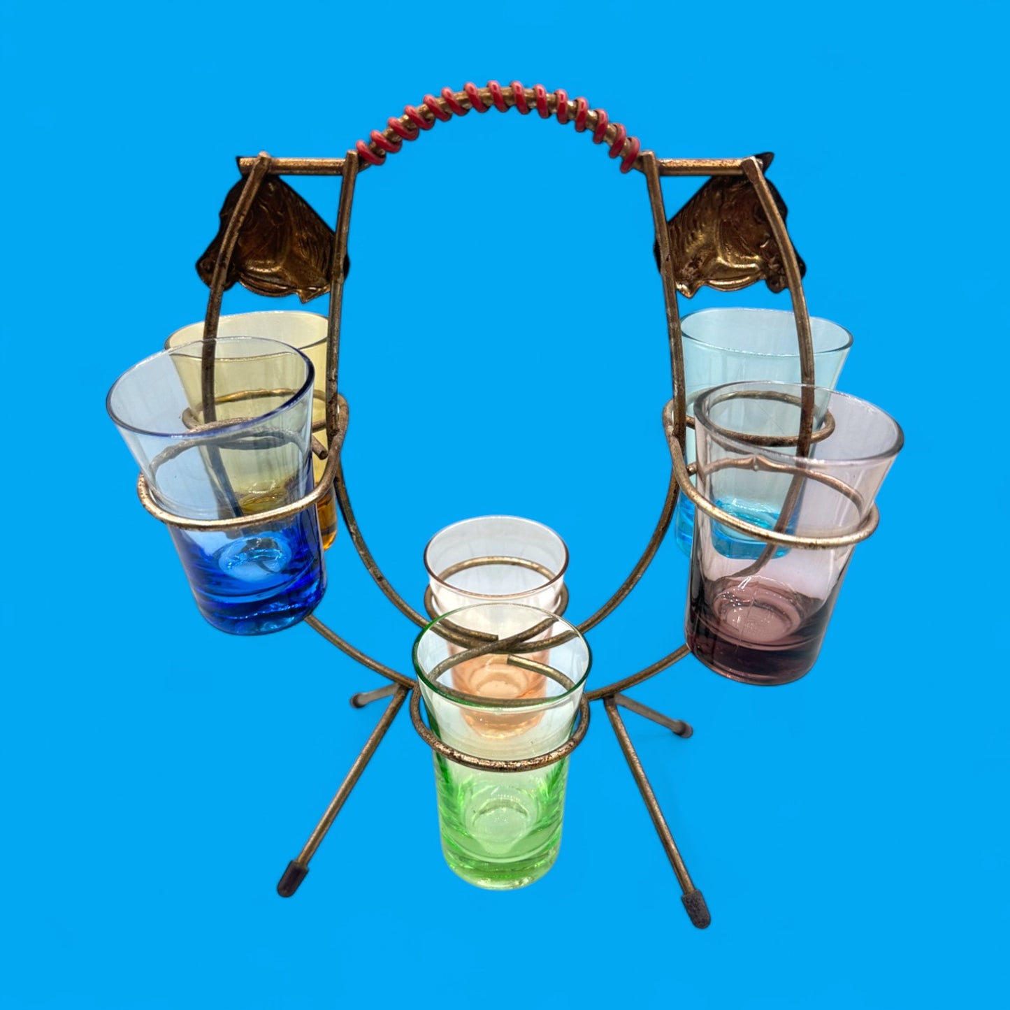 Vintage horseshoe shot glass holder – 6-glass western barware set