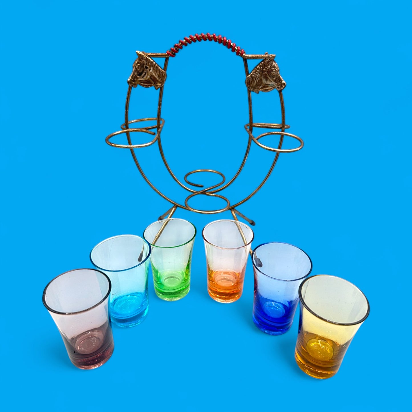 Vintage horseshoe shot glass holder – 6-glass western barware set