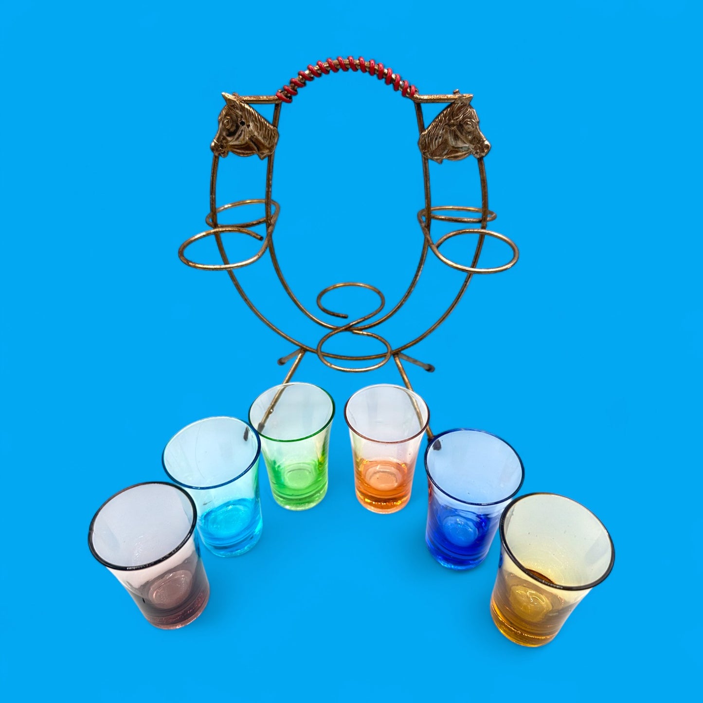 Vintage horseshoe shot glass holder – 6-glass western barware set