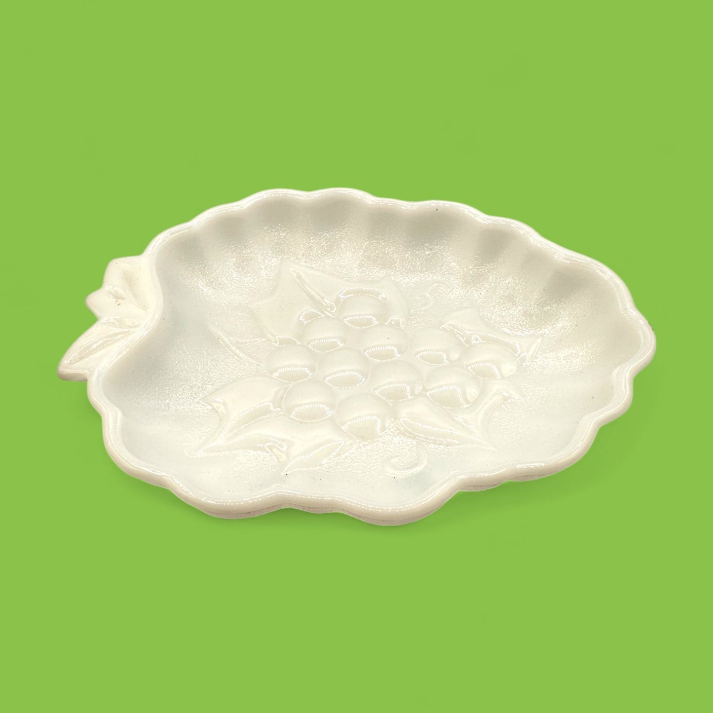 Vintage Milk Glass Grape Plate with Scalloped Edges