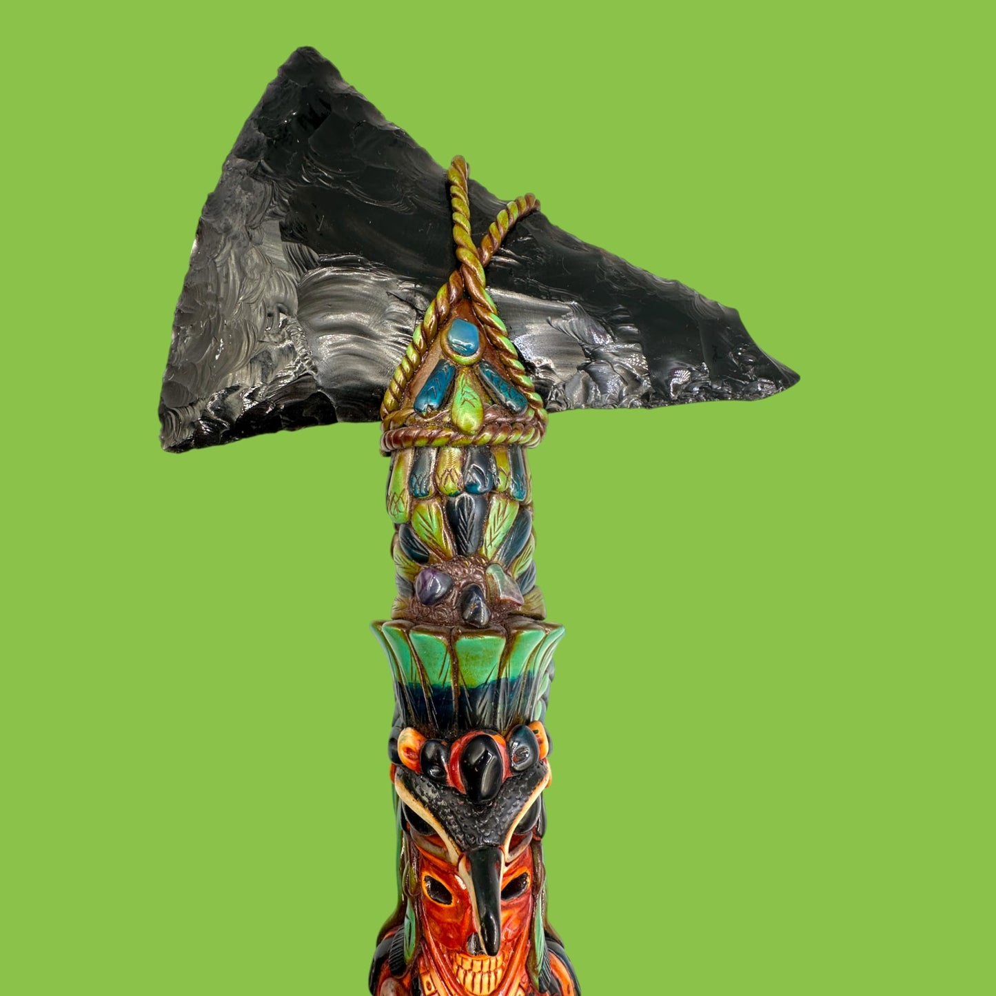 Handmade Mayan Obsidian Axe with Ornate Tribal Detailing – 24" Long