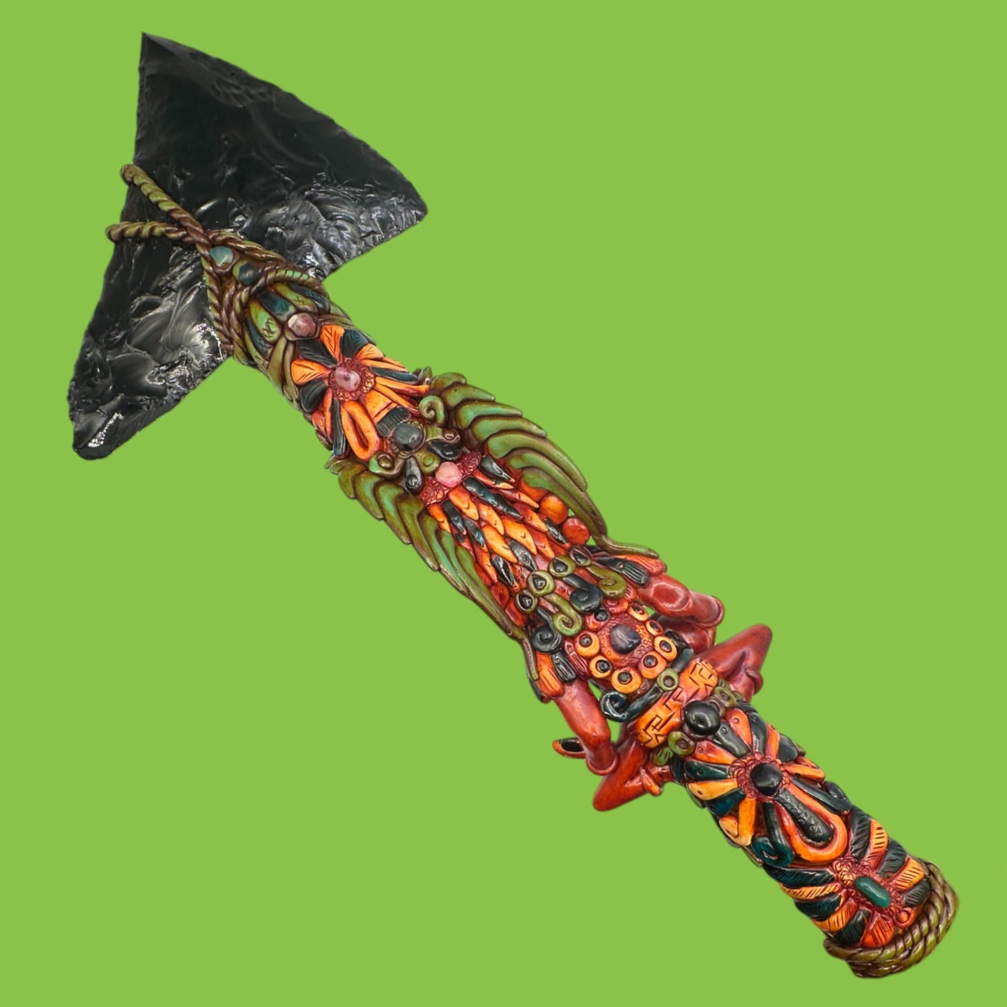 Handmade Mayan Obsidian Axe with Ornate Tribal Detailing – 24" Long